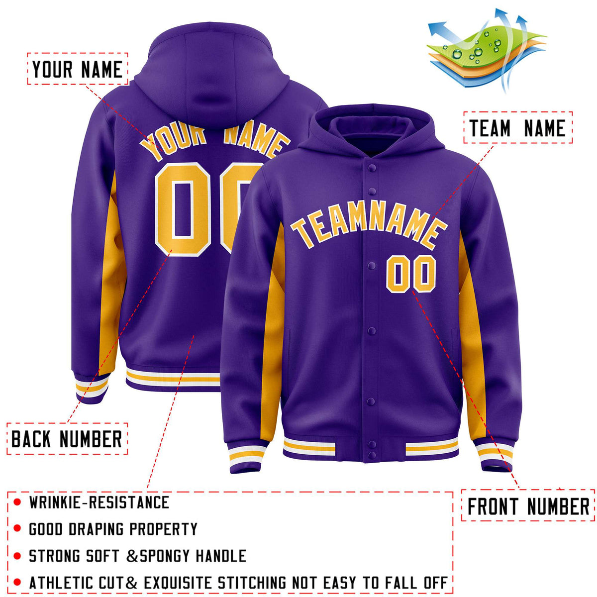 Custom Purple Gold Color Block Varsity Full-Snap Letterman Jacket Hoodie| KXKSHOP