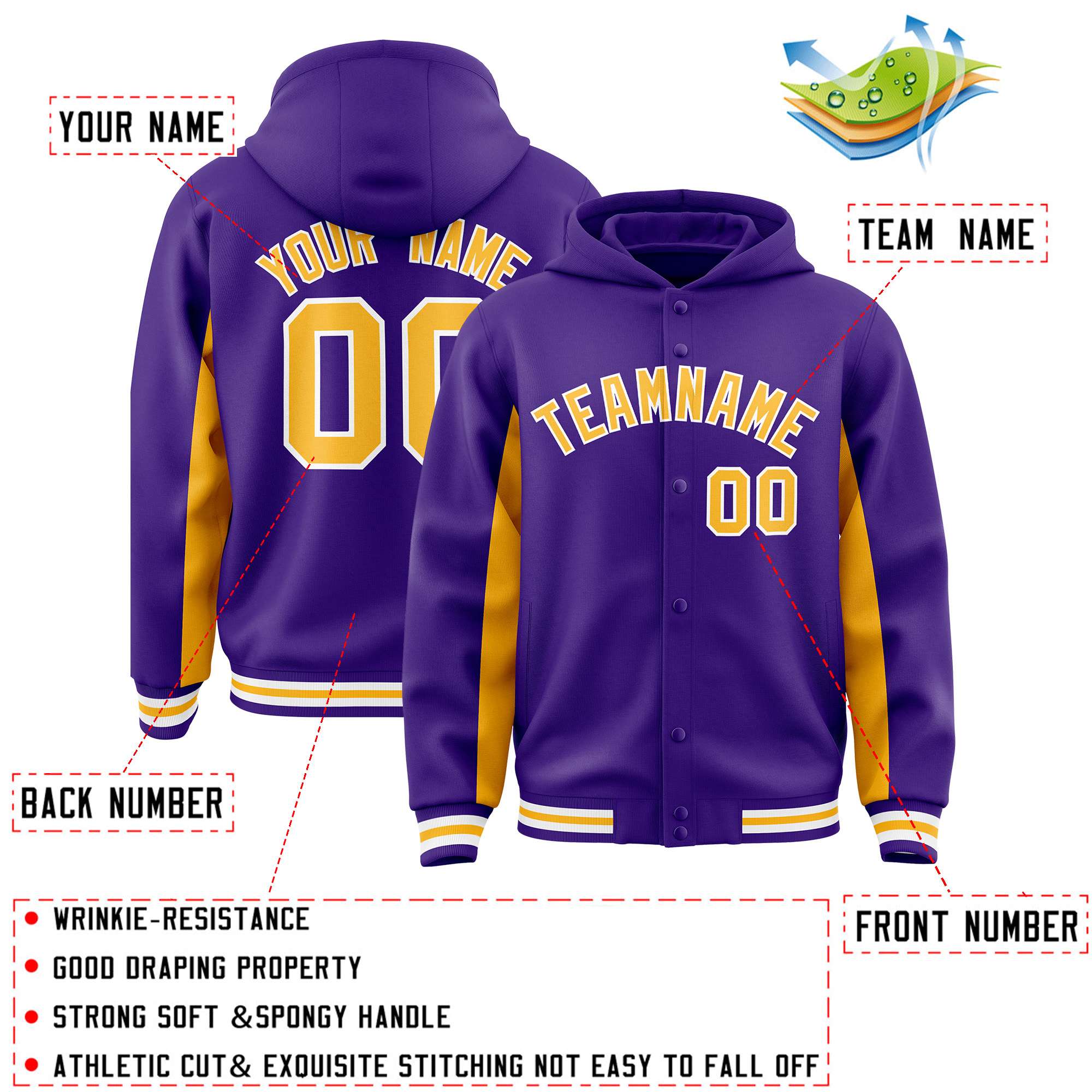 Custom Purple Gold Color Block Varsity Full-Snap Letterman Jacket Hoodie| KXKSHOP