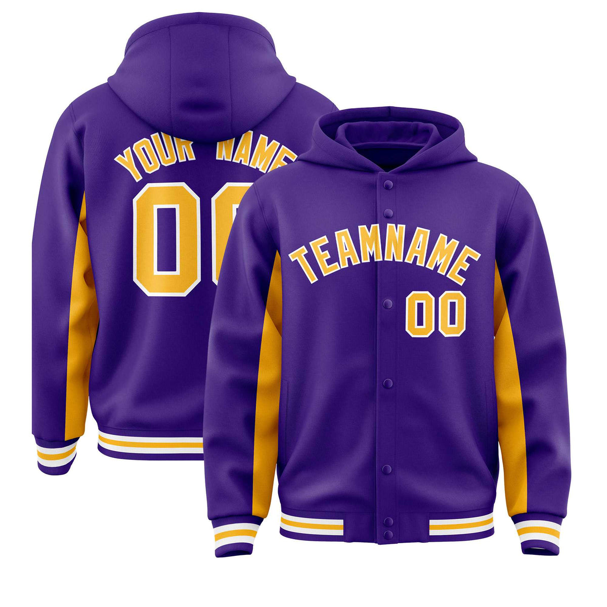 Custom Purple Gold Color Block Varsity Full-Snap Letterman Jacket Hoodie| KXKSHOP
