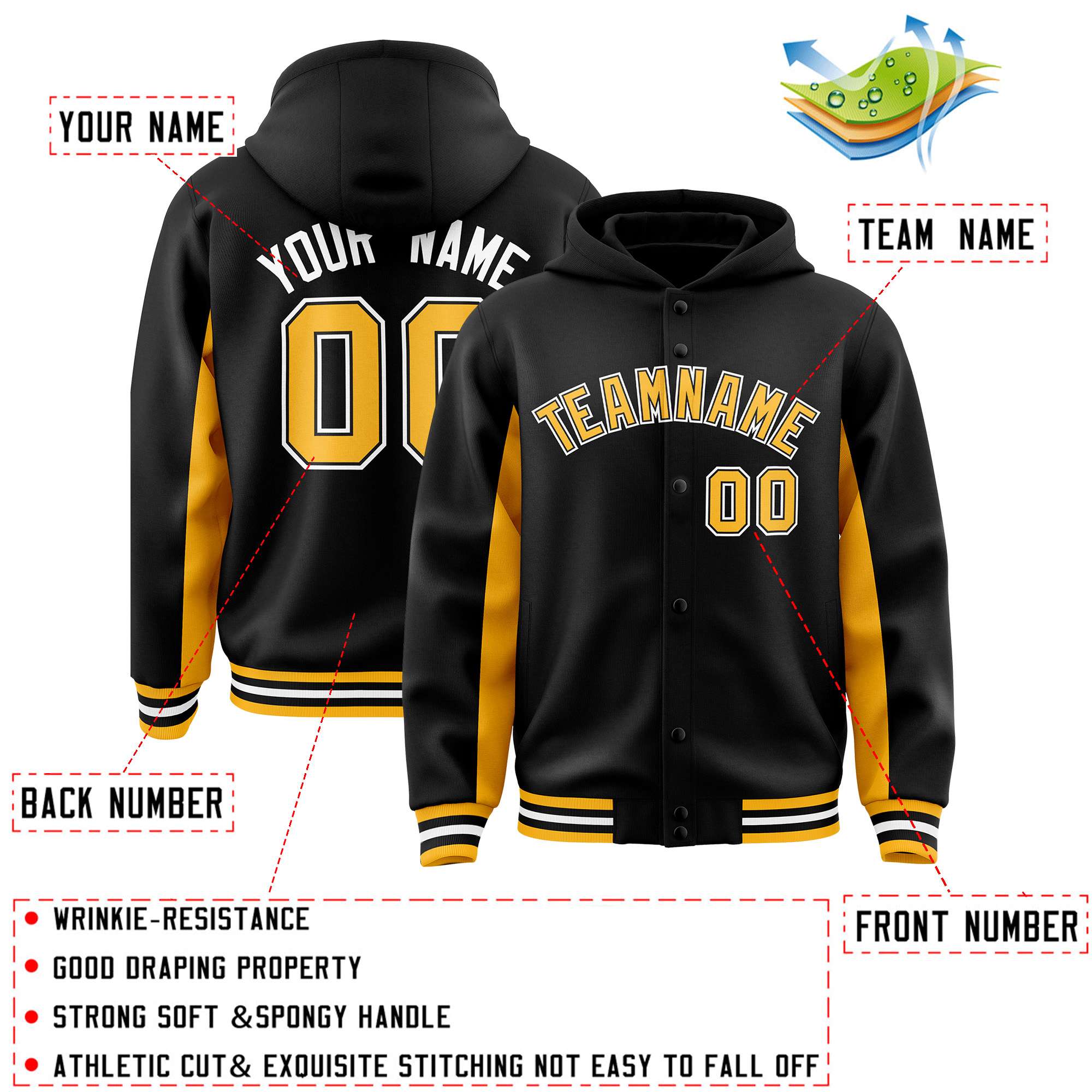 Custom Black Gold Color Block Varsity Full-Snap Letterman Jacket Hoodie| KXKSHOP