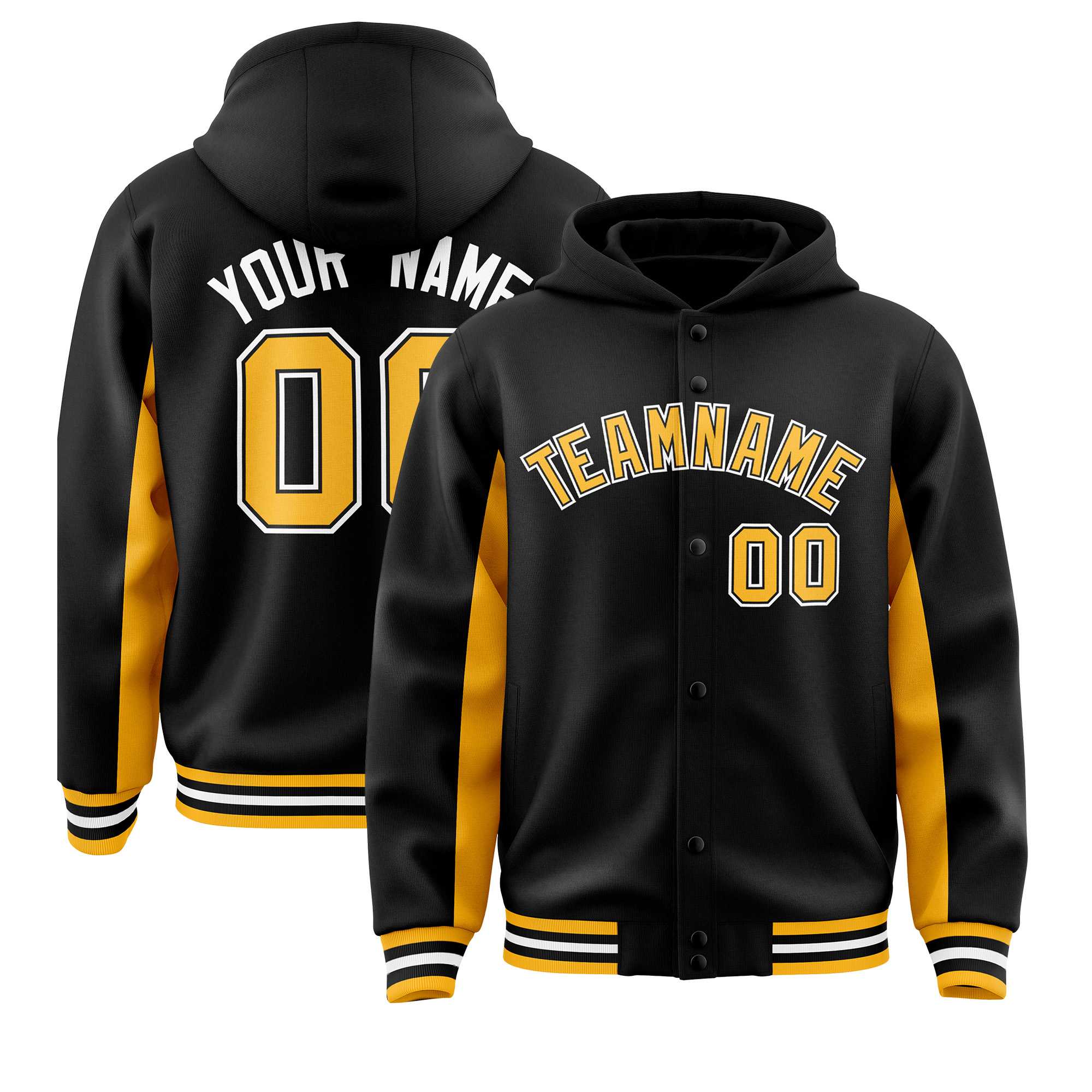 Custom Black Gold Color Block Varsity Full-Snap Letterman Jacket Hoodie| KXKSHOP