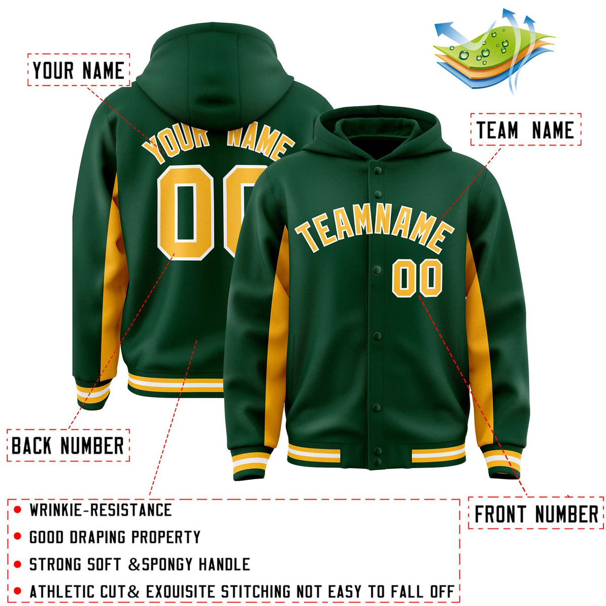 Custom Green Gold Color Block Varsity Full-Snap Letterman Jacket Hoodie| KXKSHOP
