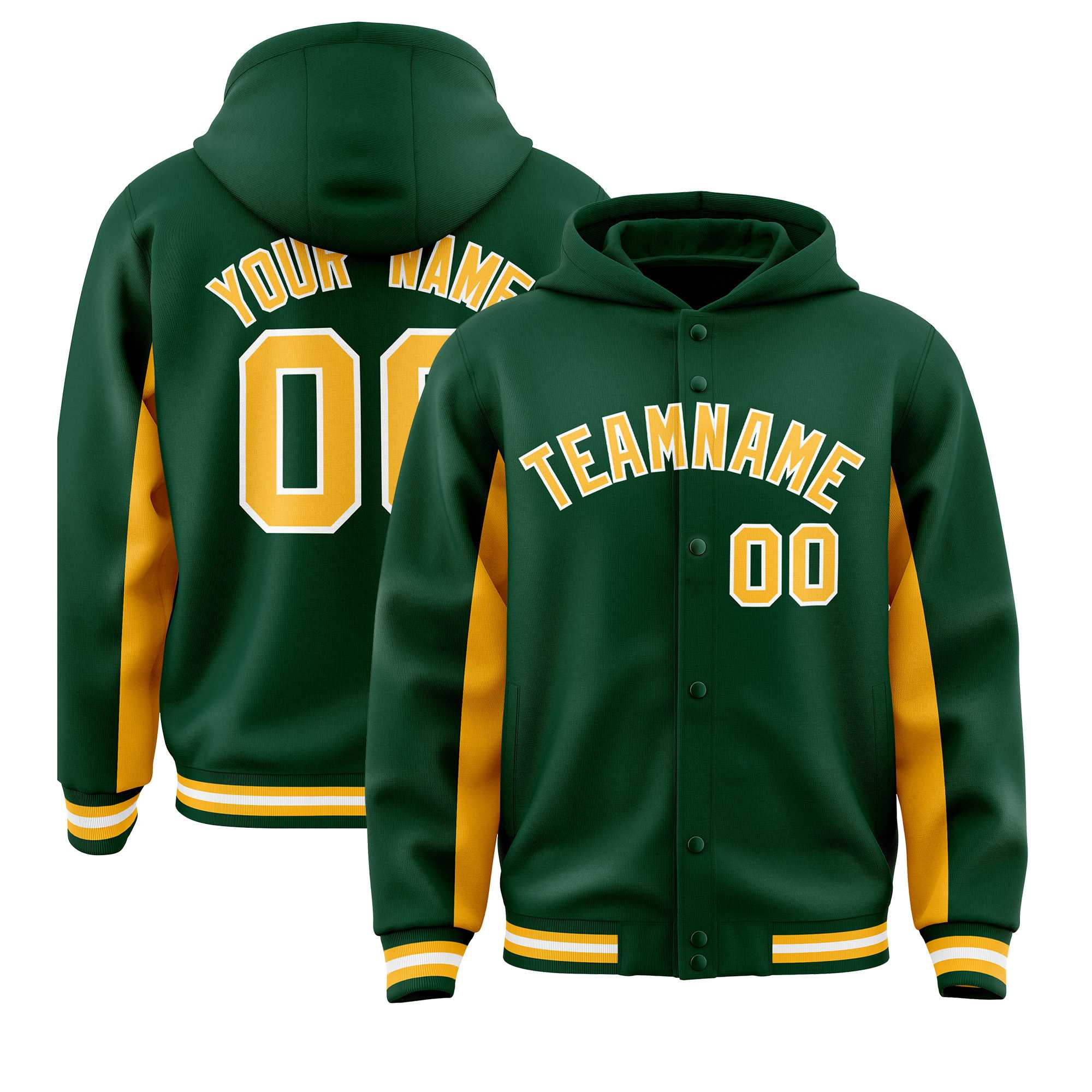 Custom Green Gold Color Block Varsity Full-Snap Letterman Jacket Hoodie| KXKSHOP