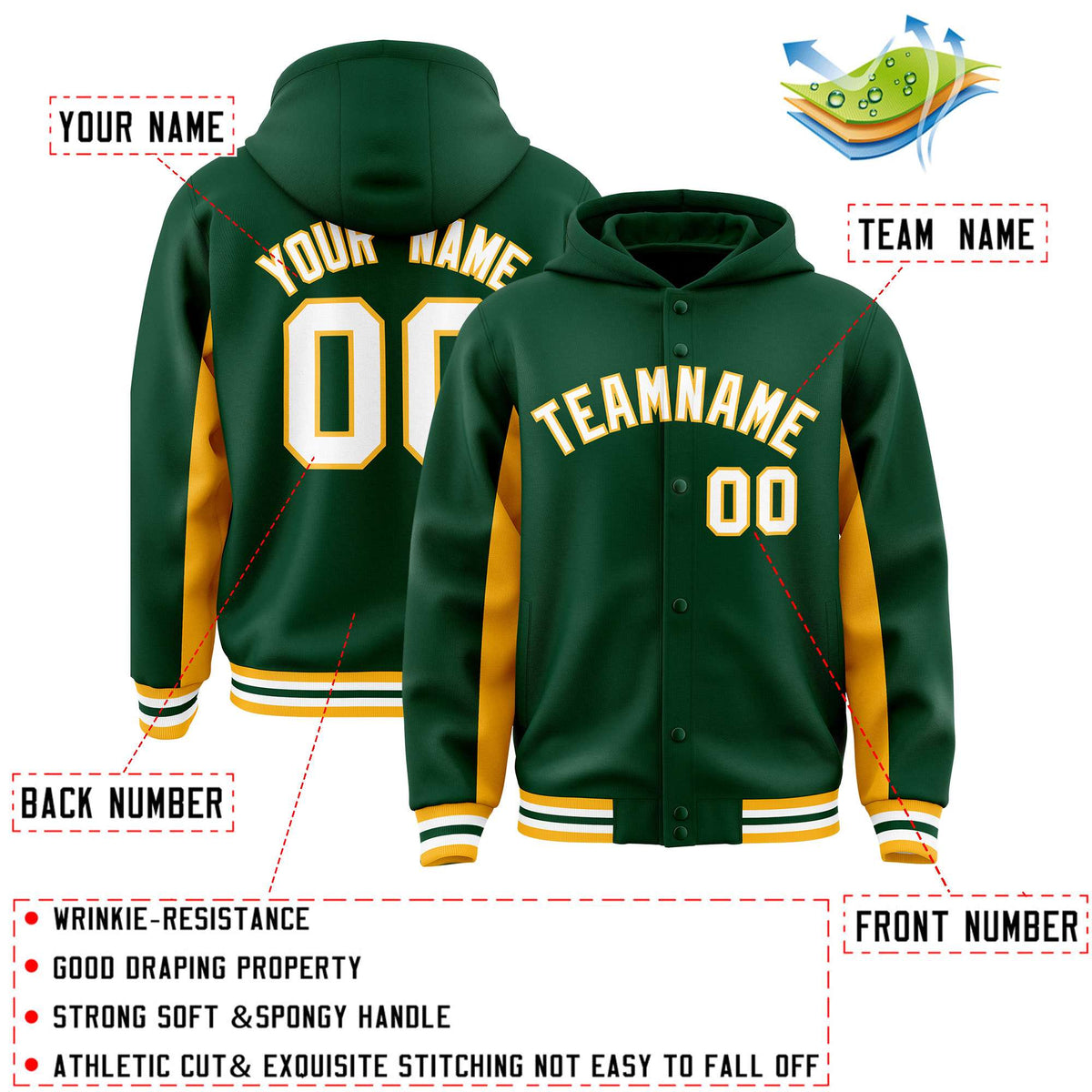 Custom Green Gold Color Block Varsity Full-Snap Letterman Jacket Hoodie| KXKSHOP