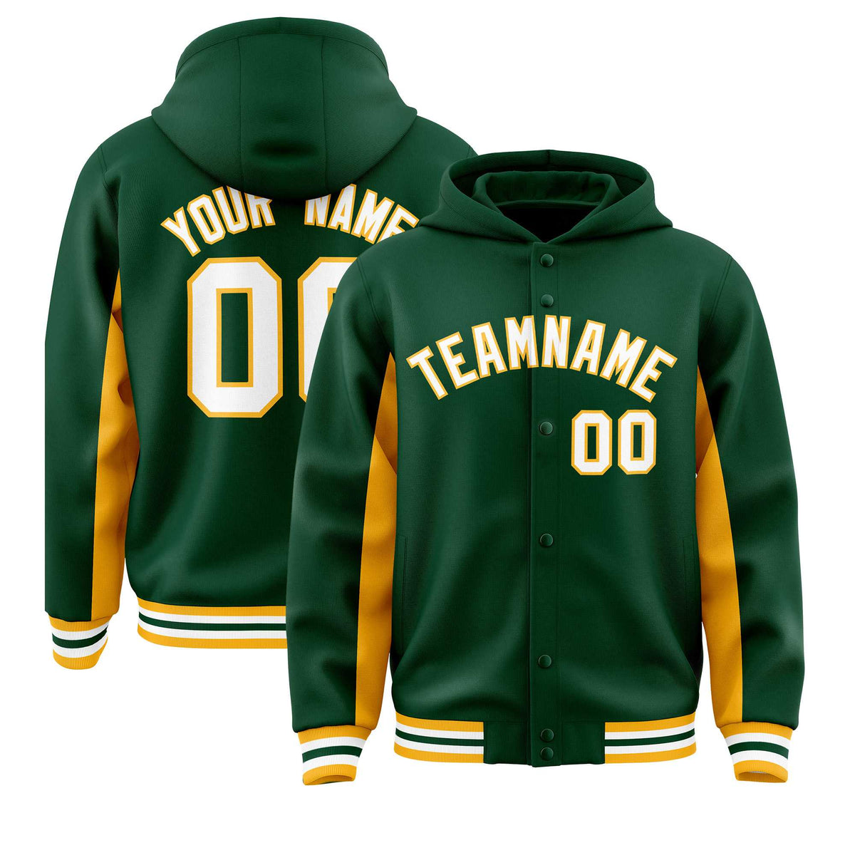 Custom Green Gold Color Block Varsity Full-Snap Letterman Jacket Hoodie| KXKSHOP