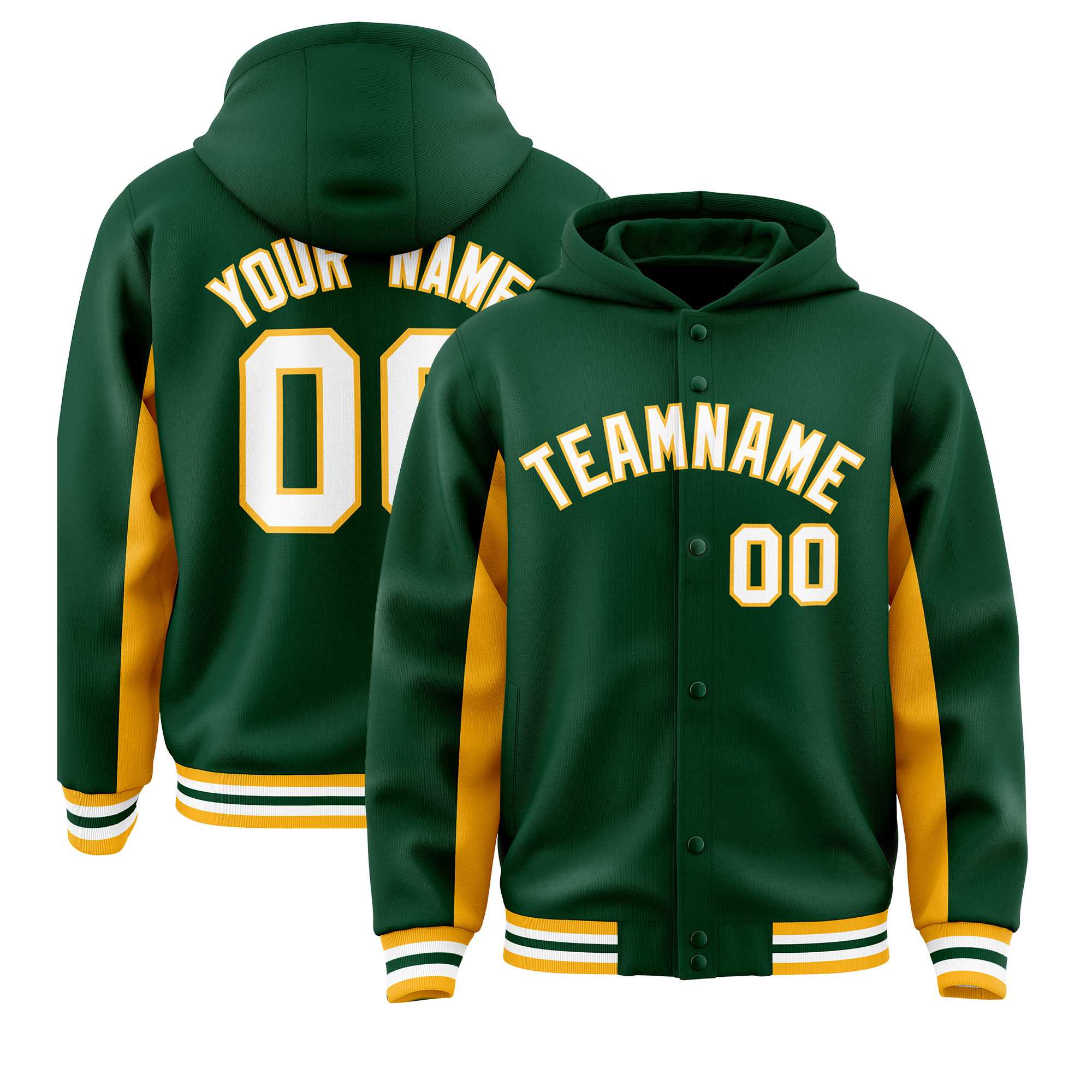 Custom Green Gold Color Block Varsity Full-Snap Letterman Jacket Hoodie| KXKSHOP