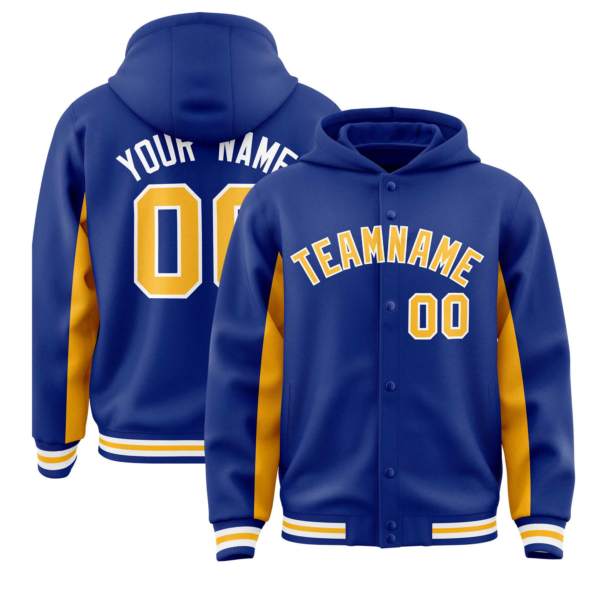 Custom Royal Gold Color Block Varsity Full-Snap Letterman Jacket Hoodie| KXKSHOP