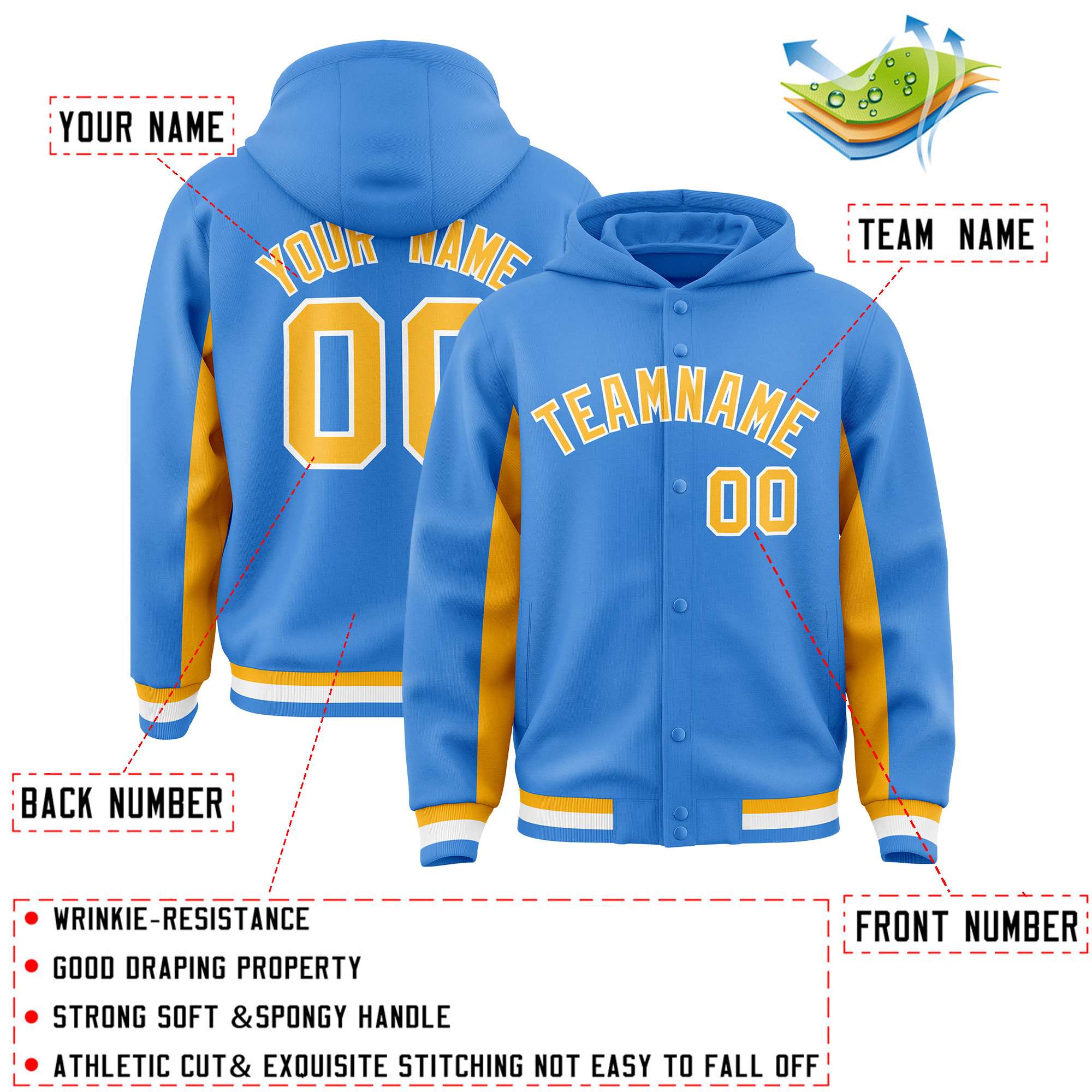 Custom Powder Blue Gold Color Block Varsity Full-Snap Letterman Jacket Hoodie| KXKSHOP