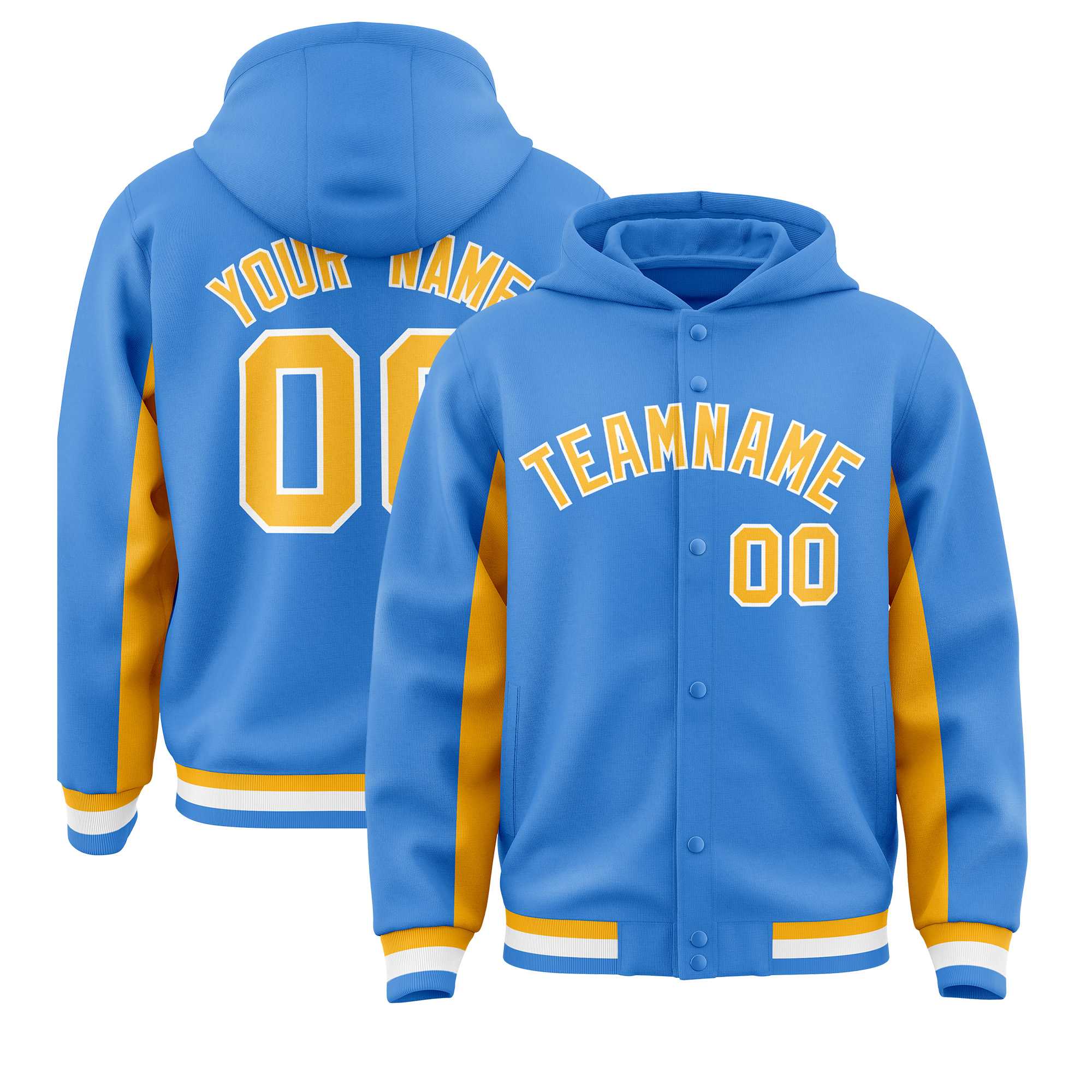 Custom Powder Blue Gold Color Block Varsity Full-Snap Letterman Jacket Hoodie| KXKSHOP