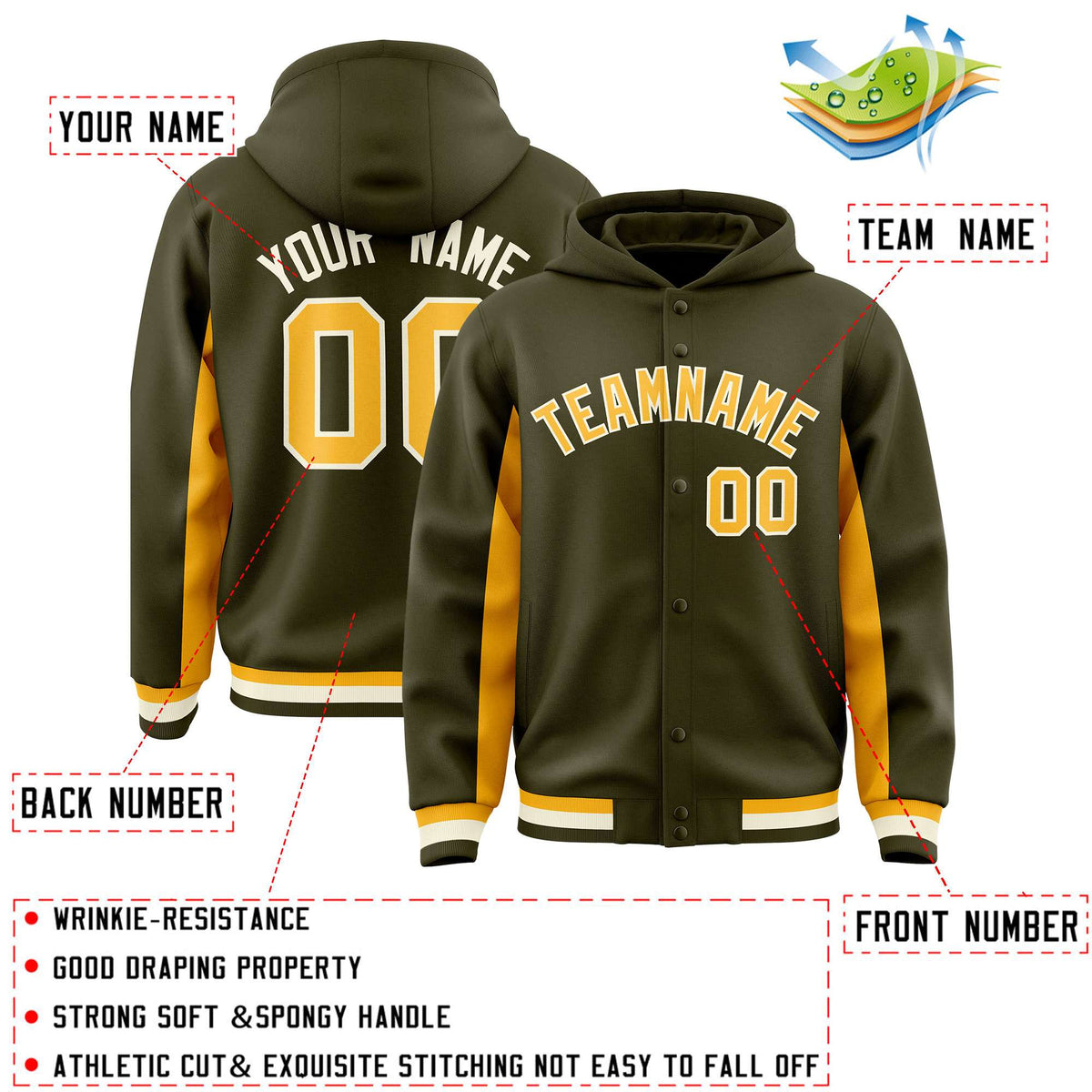 Custom Olive Gold Color Block Varsity Full-Snap Letterman Jacket Hoodie| KXKSHOP