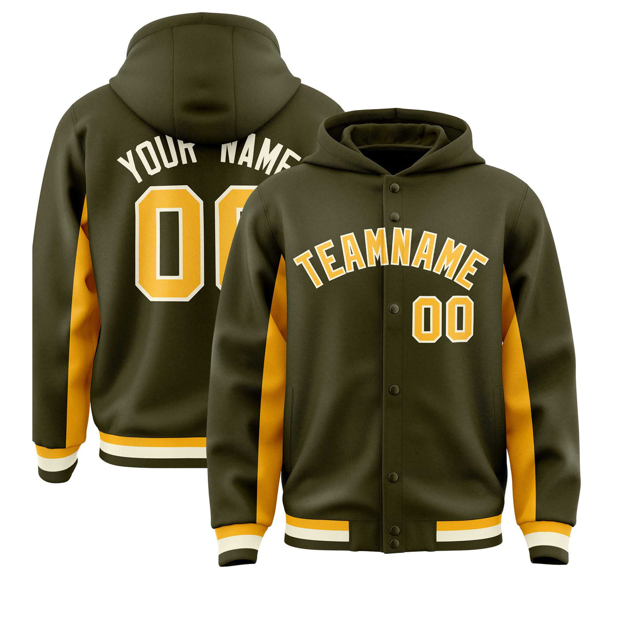 Custom Olive Gold Color Block Varsity Full-Snap Letterman Jacket Hoodie| KXKSHOP