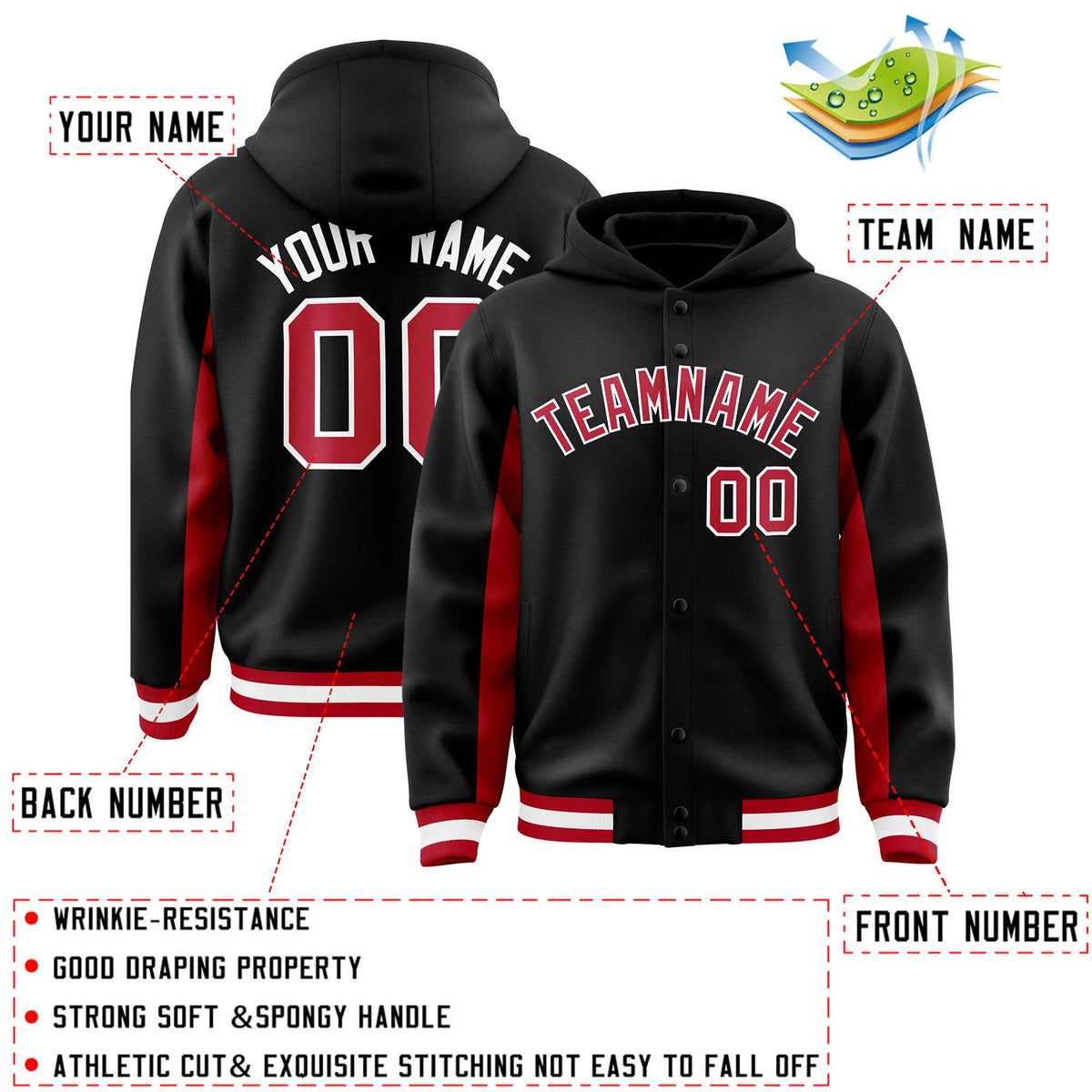 Custom Black Red Color Block Varsity Full-Snap Letterman Jacket Hoodie| KXKSHOP
