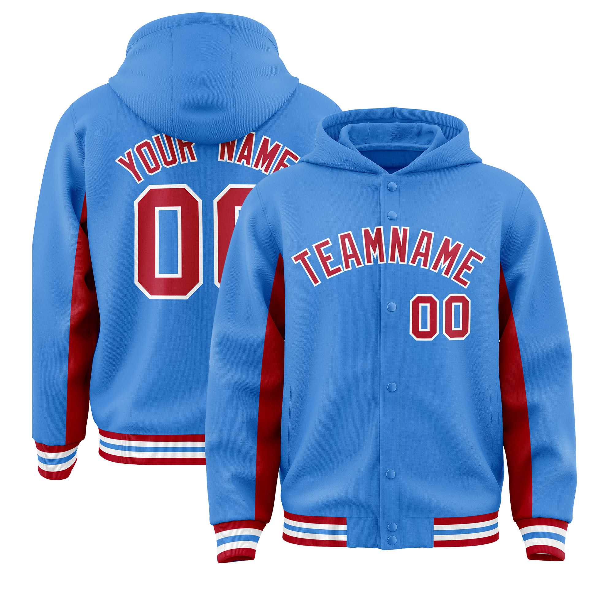 Custom Powder Blue Red Color Block Varsity Full-Snap Letterman Jacket Hoodie| KXKSHOP