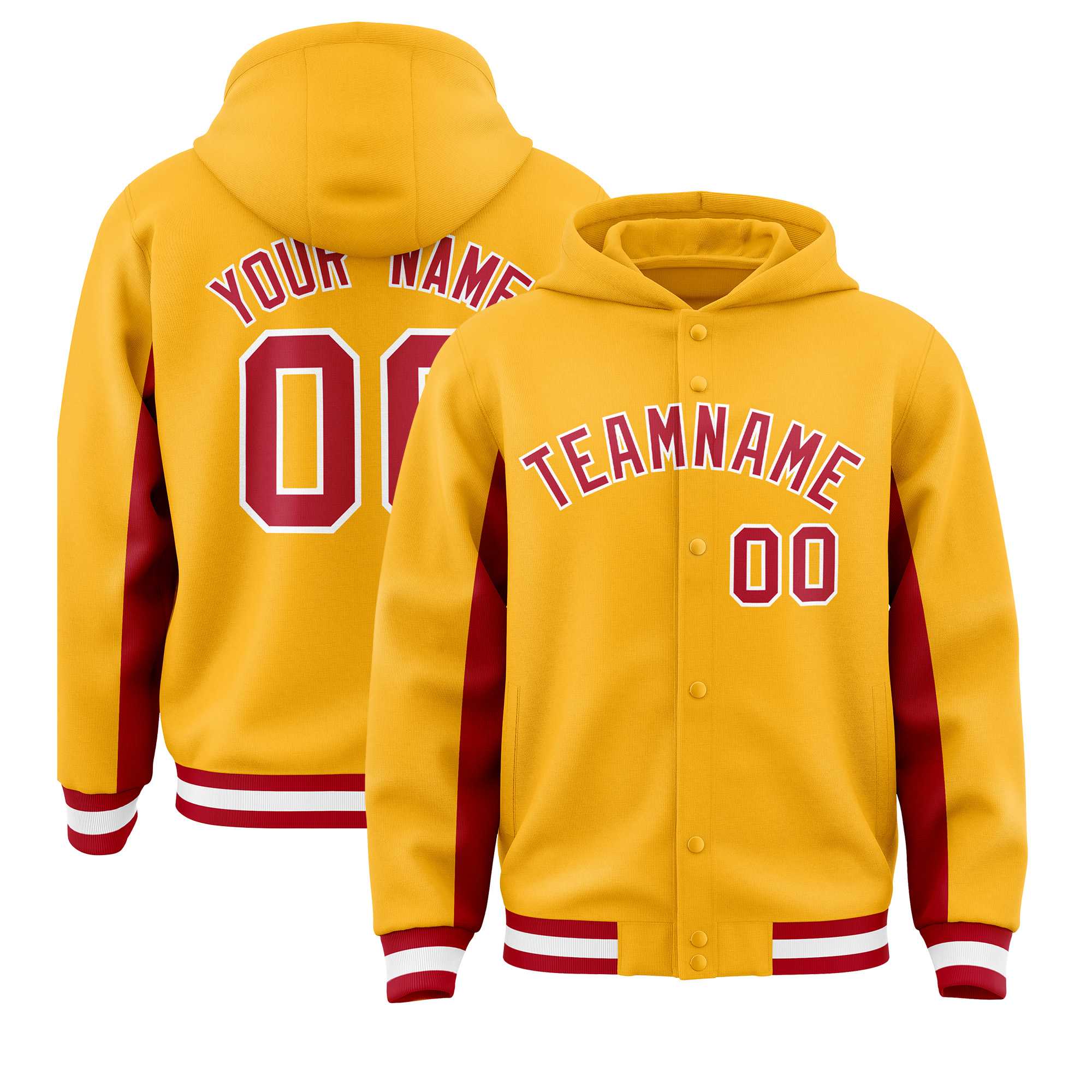 Custom Gold Red Color Block Varsity Full-Snap Letterman Jacket Hoodie| KXKSHOP