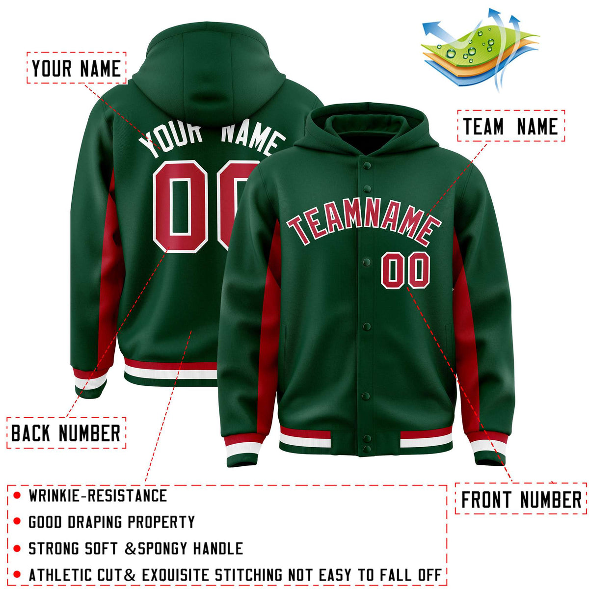 Custom Green Red Color Block Varsity Full-Snap Letterman Jacket Hoodie| KXKSHOP