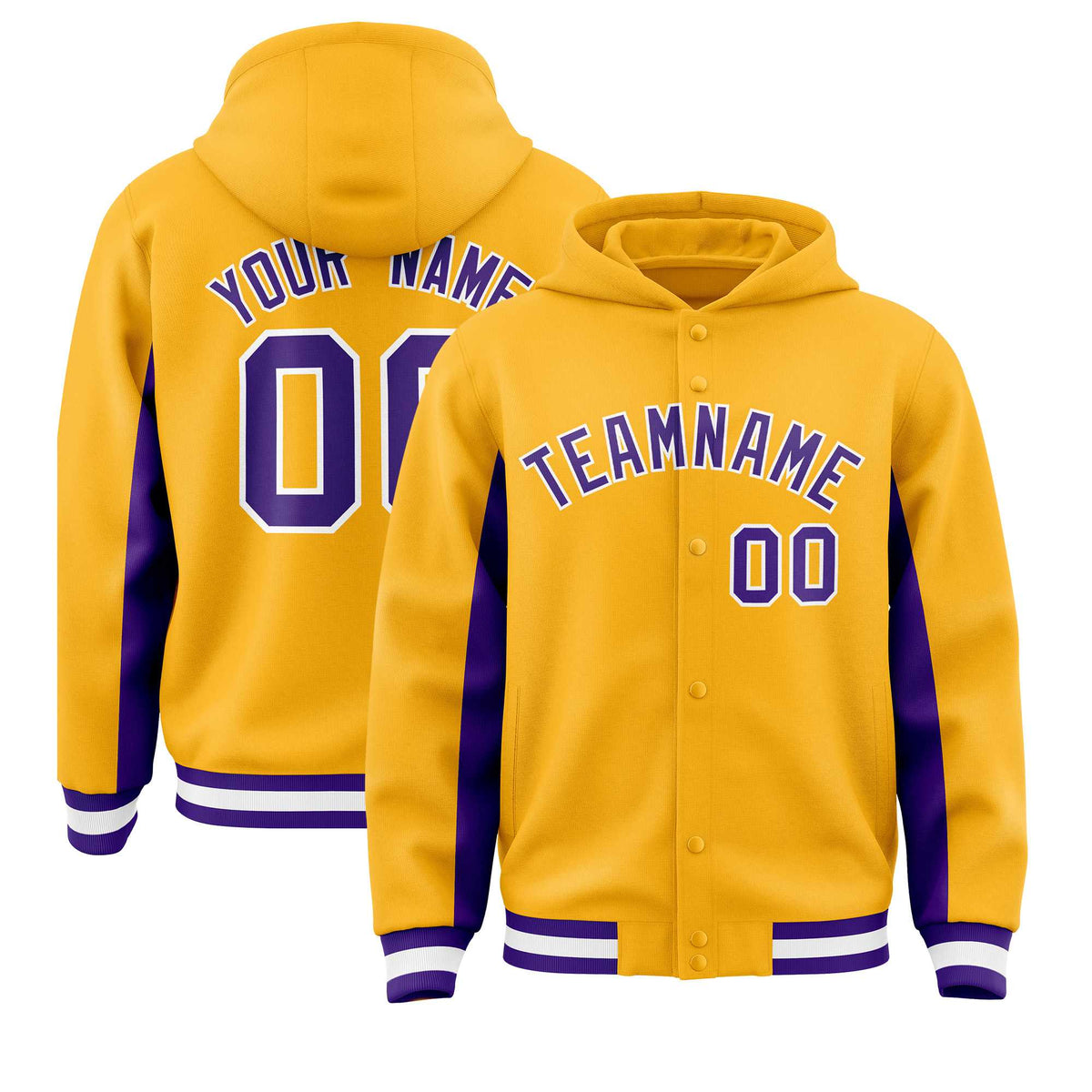 Custom Gold Purple Color Block Varsity Full-Snap Letterman Jacket Hoodie| KXKSHOP