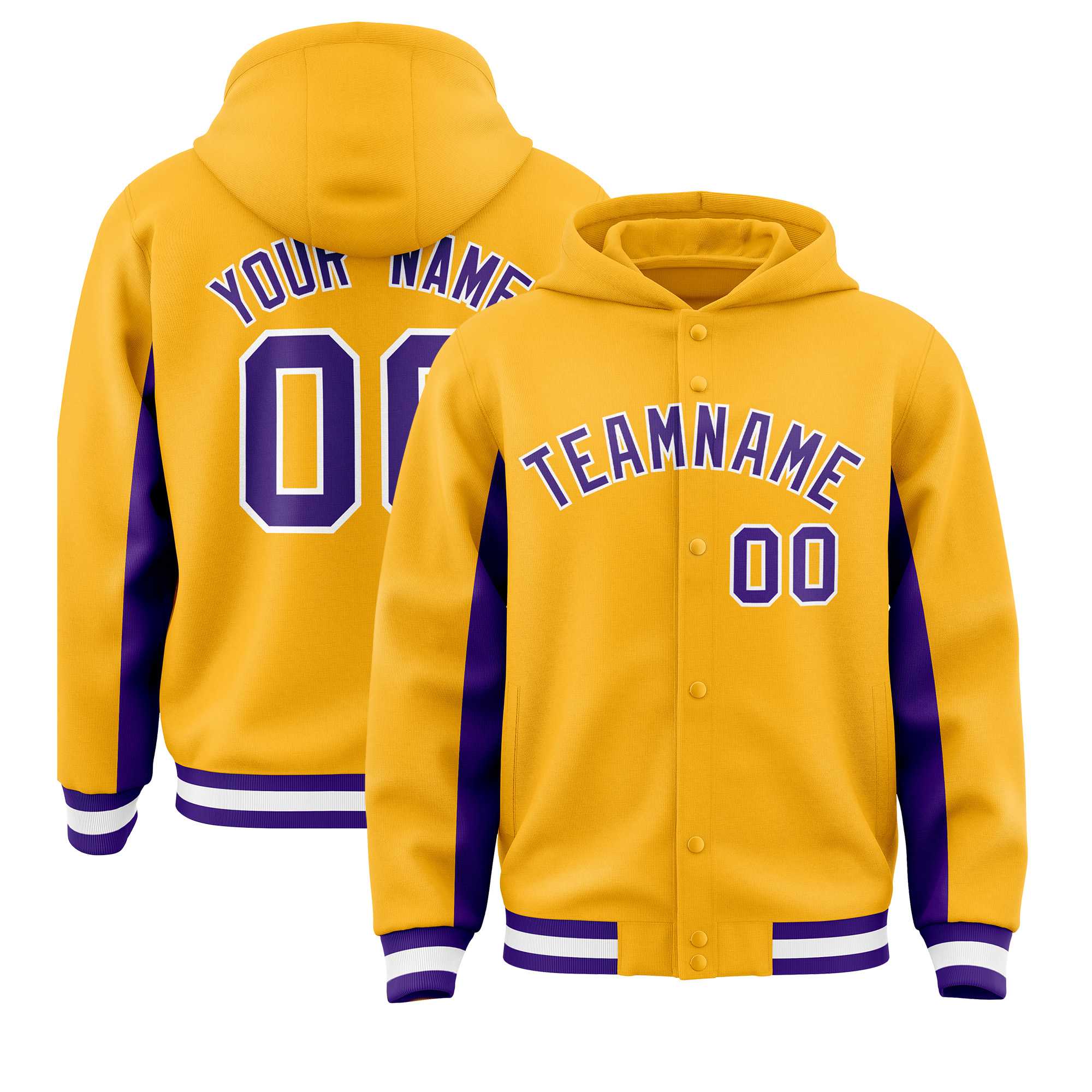 Custom Gold Purple Color Block Varsity Full-Snap Letterman Jacket Hoodie| KXKSHOP