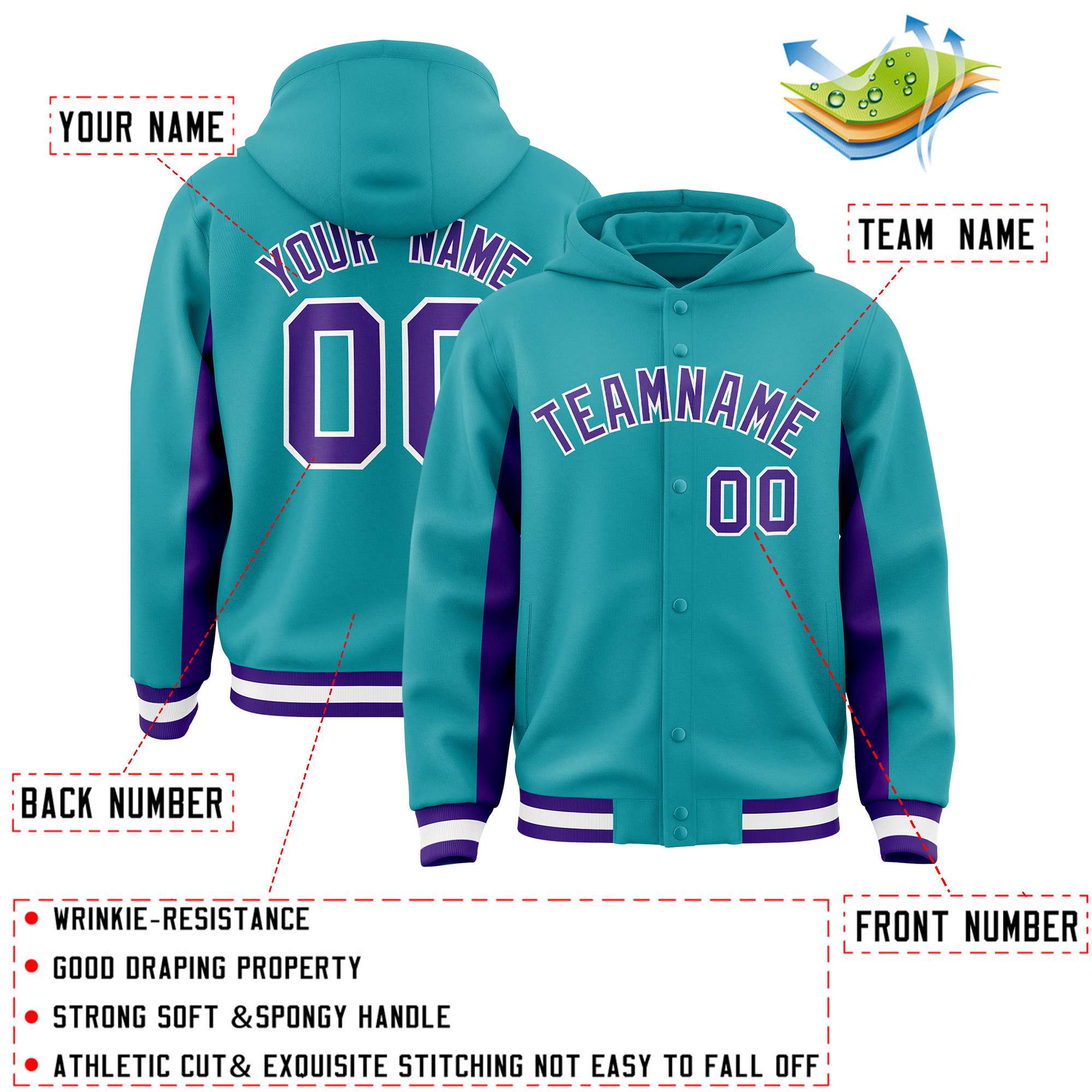 Custom Aqua Purple Color Block Varsity Full-Snap Letterman Jacket Hoodie| KXKSHOP
