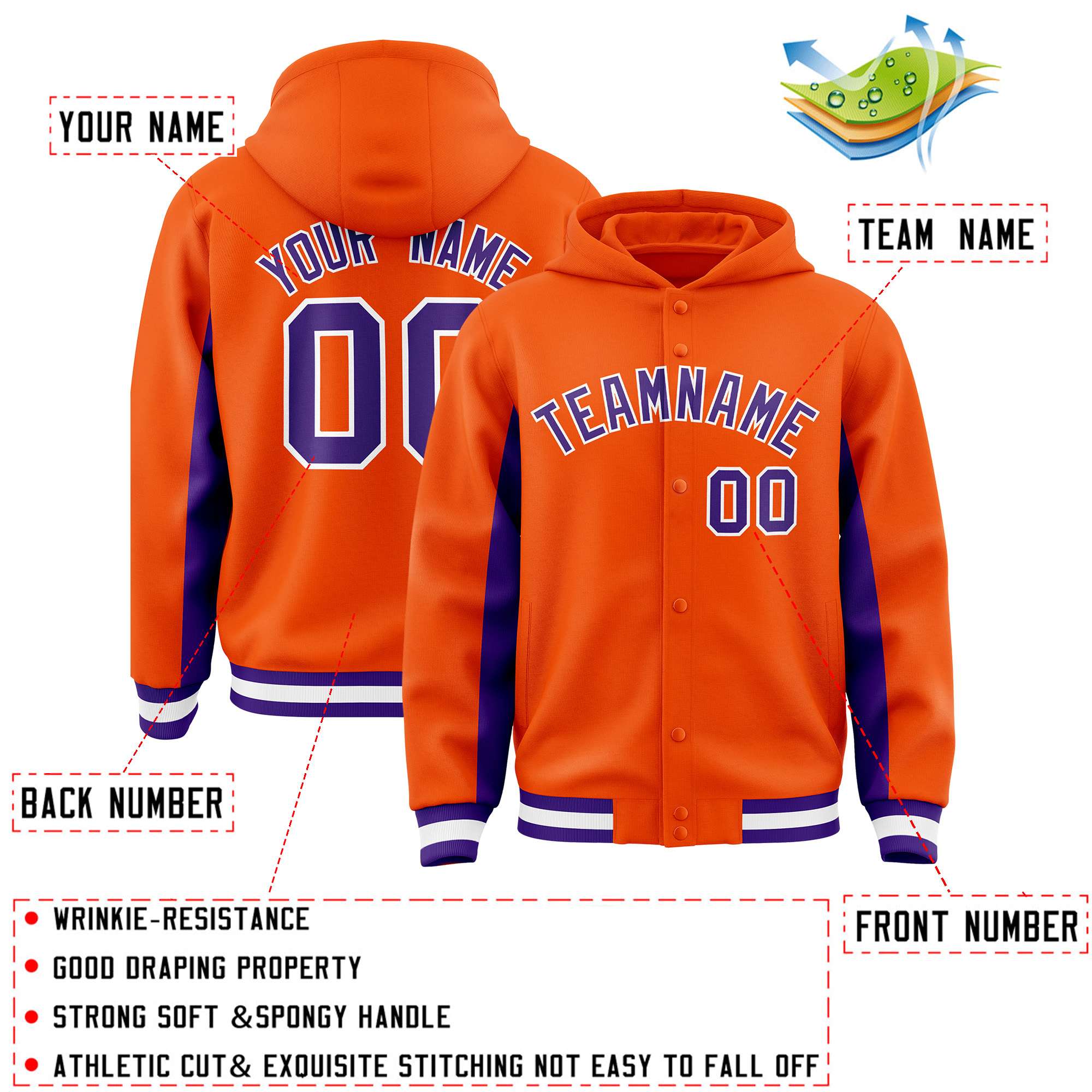Custom Orange Purple Color Block Varsity Full-Snap Letterman Jacket Hoodie| KXKSHOP