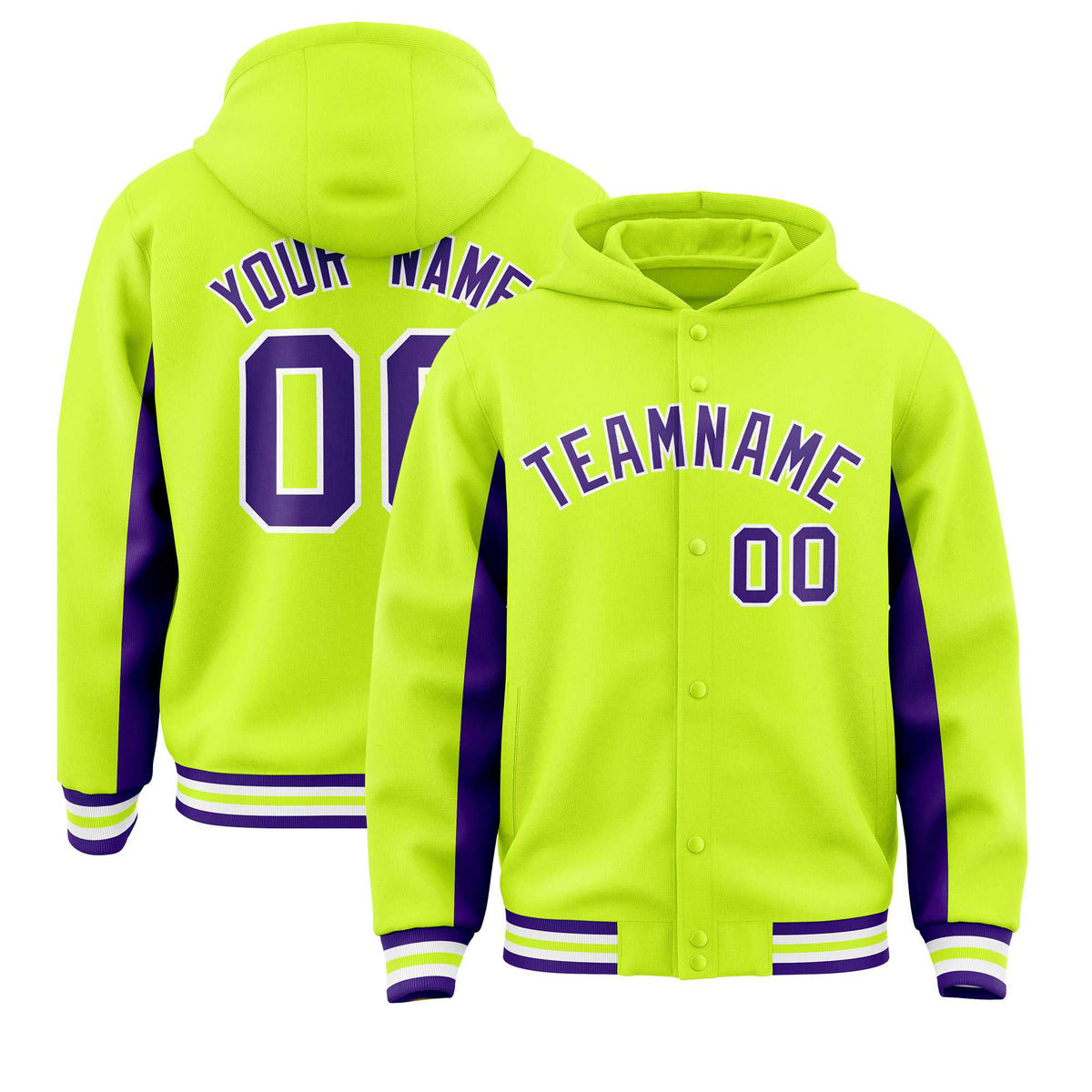 Custom Neon Green Purple Color Block Varsity Full-Snap Letterman Jacket Hoodie| KXKSHOP