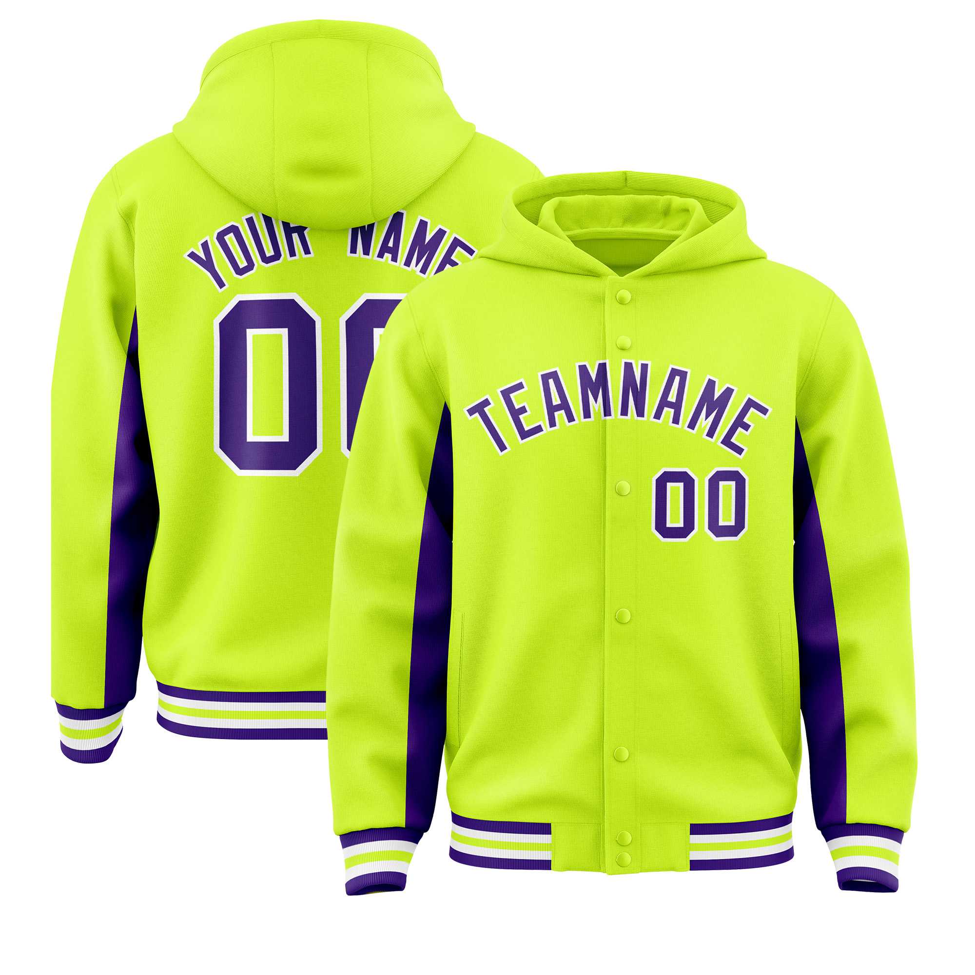 Custom Neon Green Purple Color Block Varsity Full-Snap Letterman Jacket Hoodie| KXKSHOP