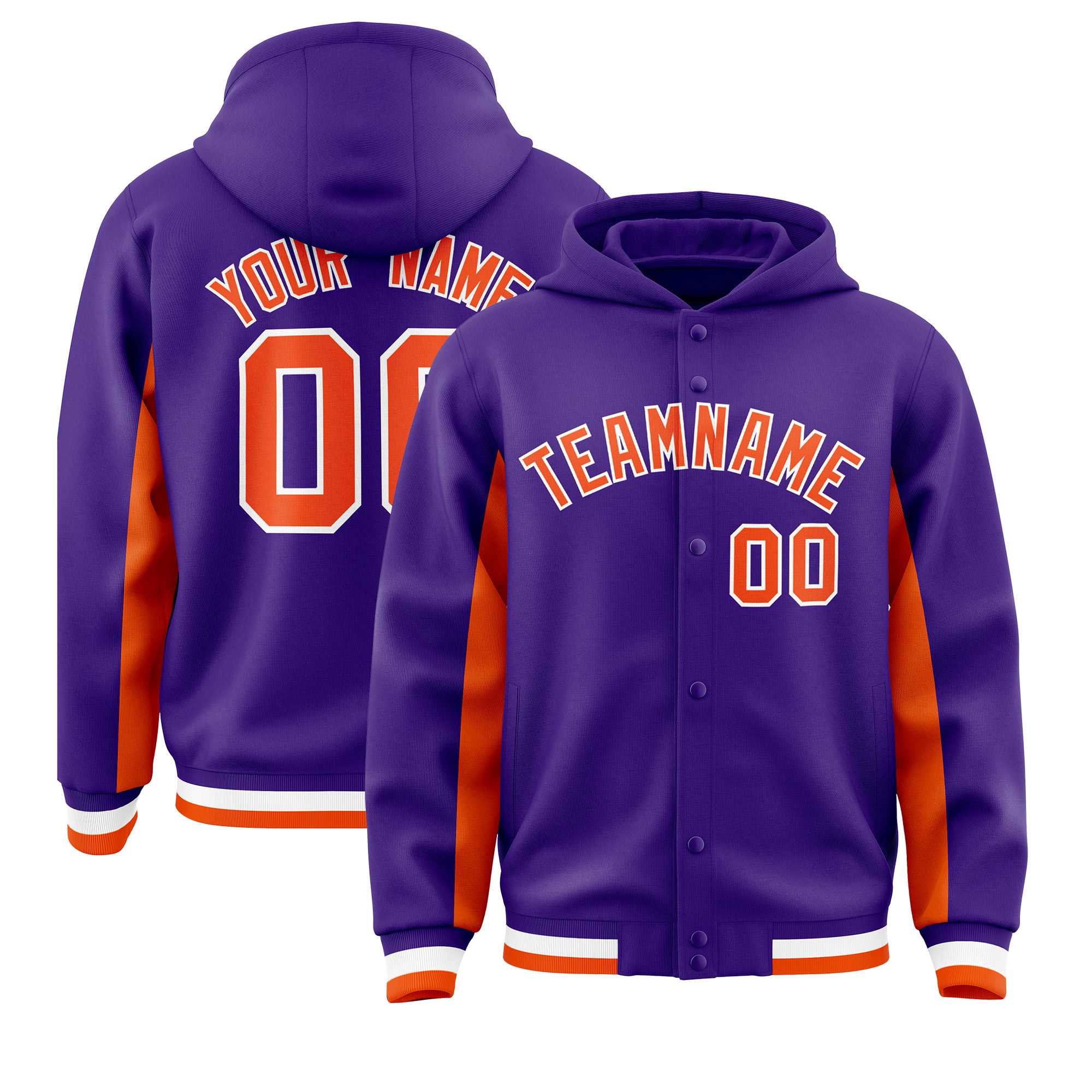 Custom Purple Orange Color Block Varsity Full-Snap Letterman Jacket Hoodie| KXKSHOP