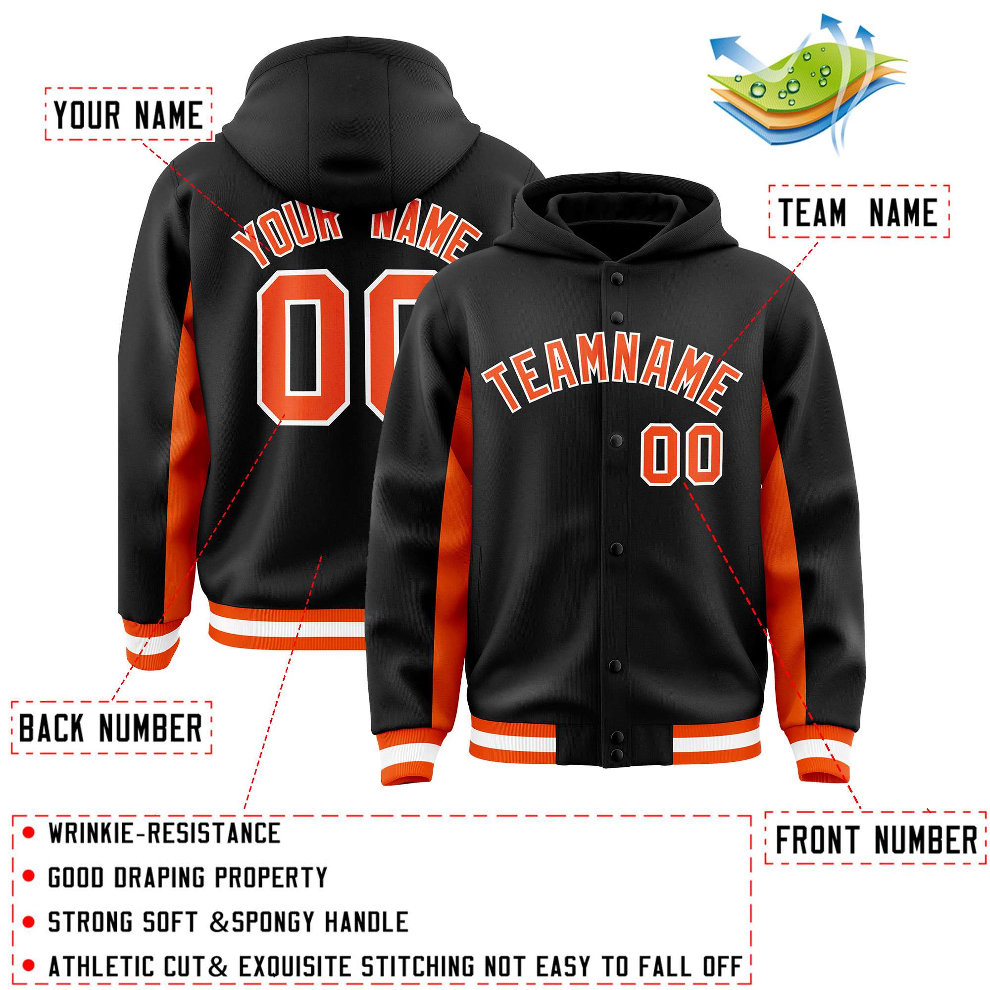 Custom Black Orange Color Block Varsity Full-Snap Letterman Jacket Hoodie| KXKSHOP