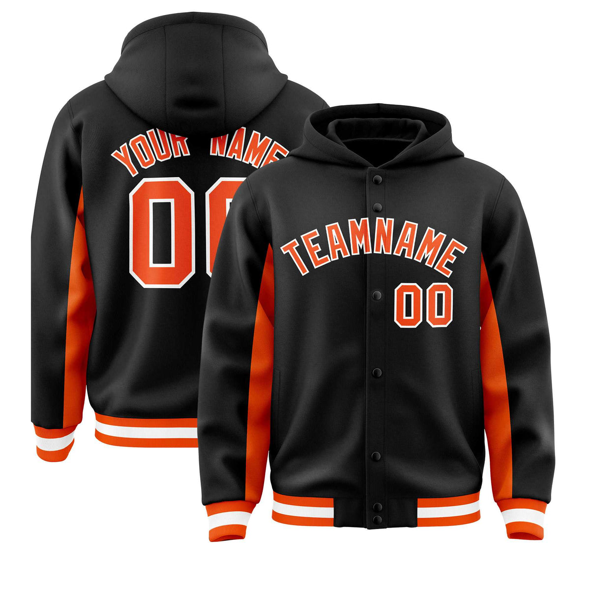 Custom Black Orange Color Block Varsity Full-Snap Letterman Jacket Hoodie| KXKSHOP