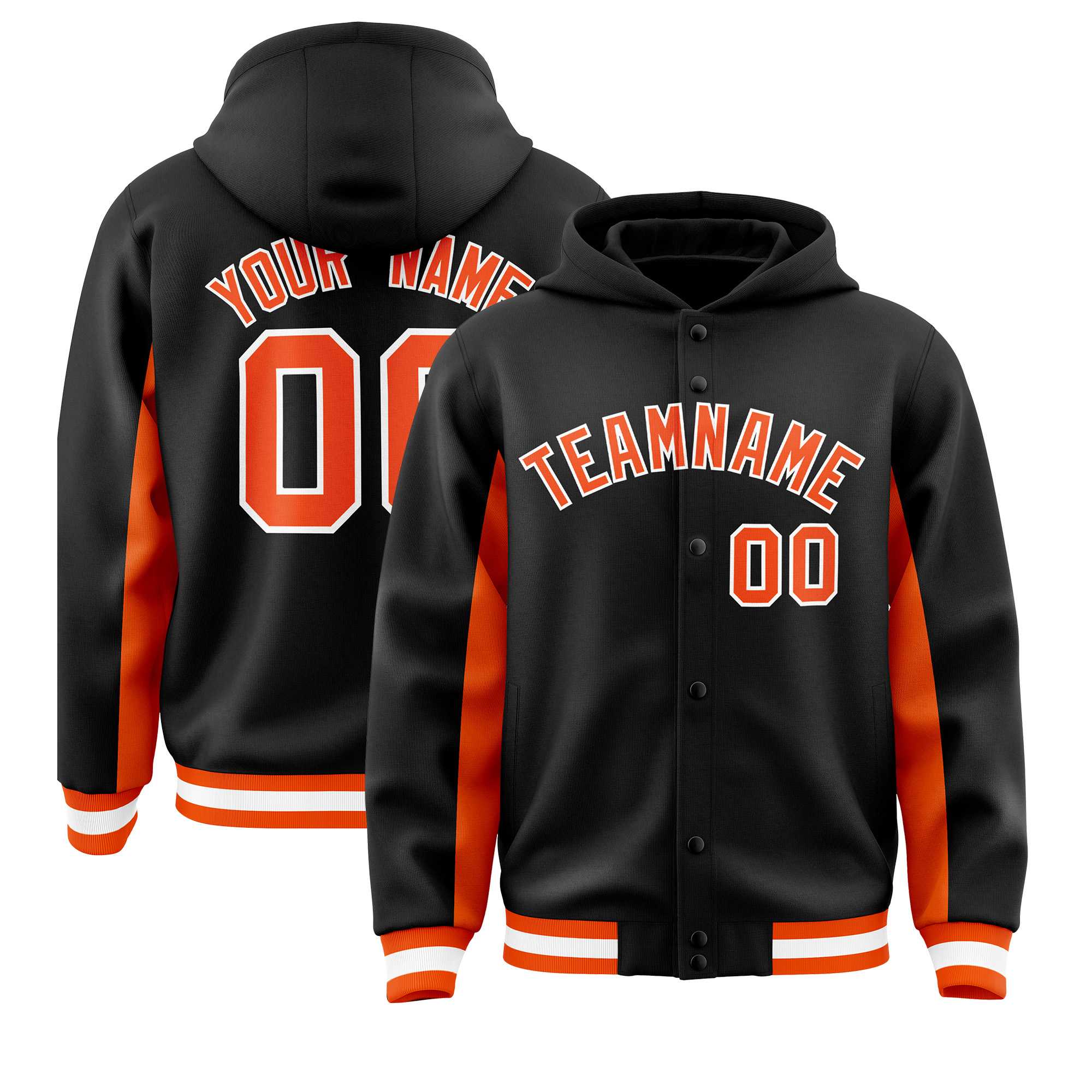 Custom Black Orange Color Block Varsity Full-Snap Letterman Jacket Hoodie| KXKSHOP