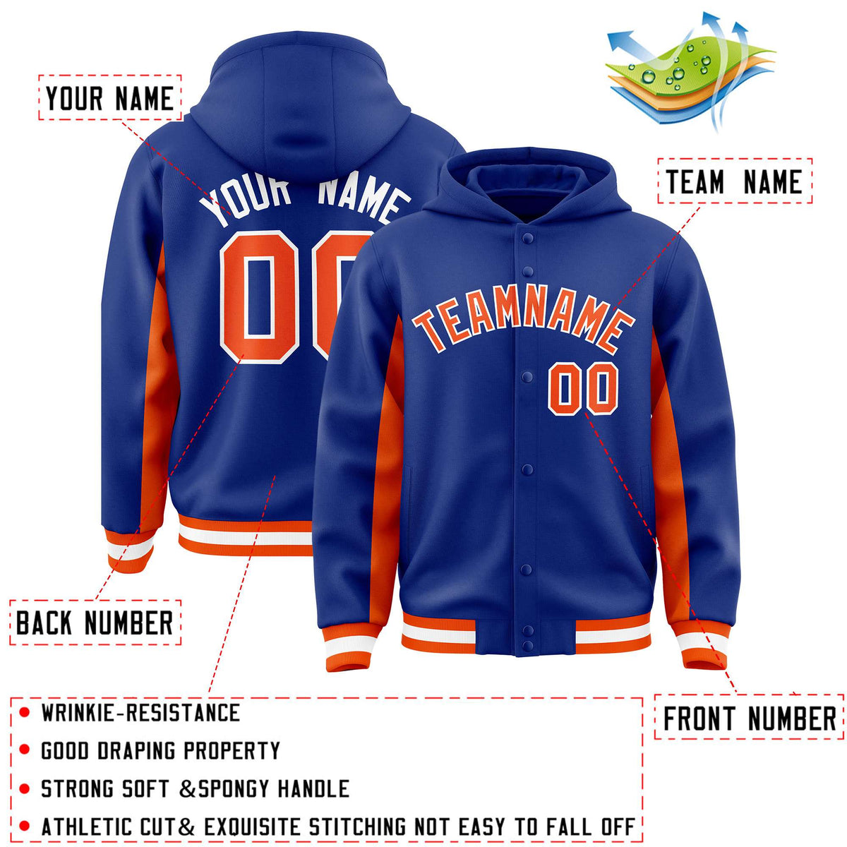 Custom Royal Orange Color Block Varsity Full-Snap Letterman Jacket Hoodie| KXKSHOP