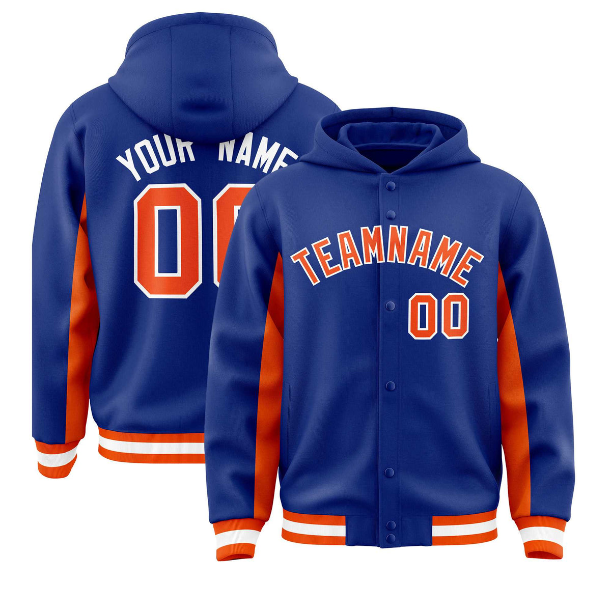 Custom Royal Orange Color Block Varsity Full-Snap Letterman Jacket Hoodie| KXKSHOP