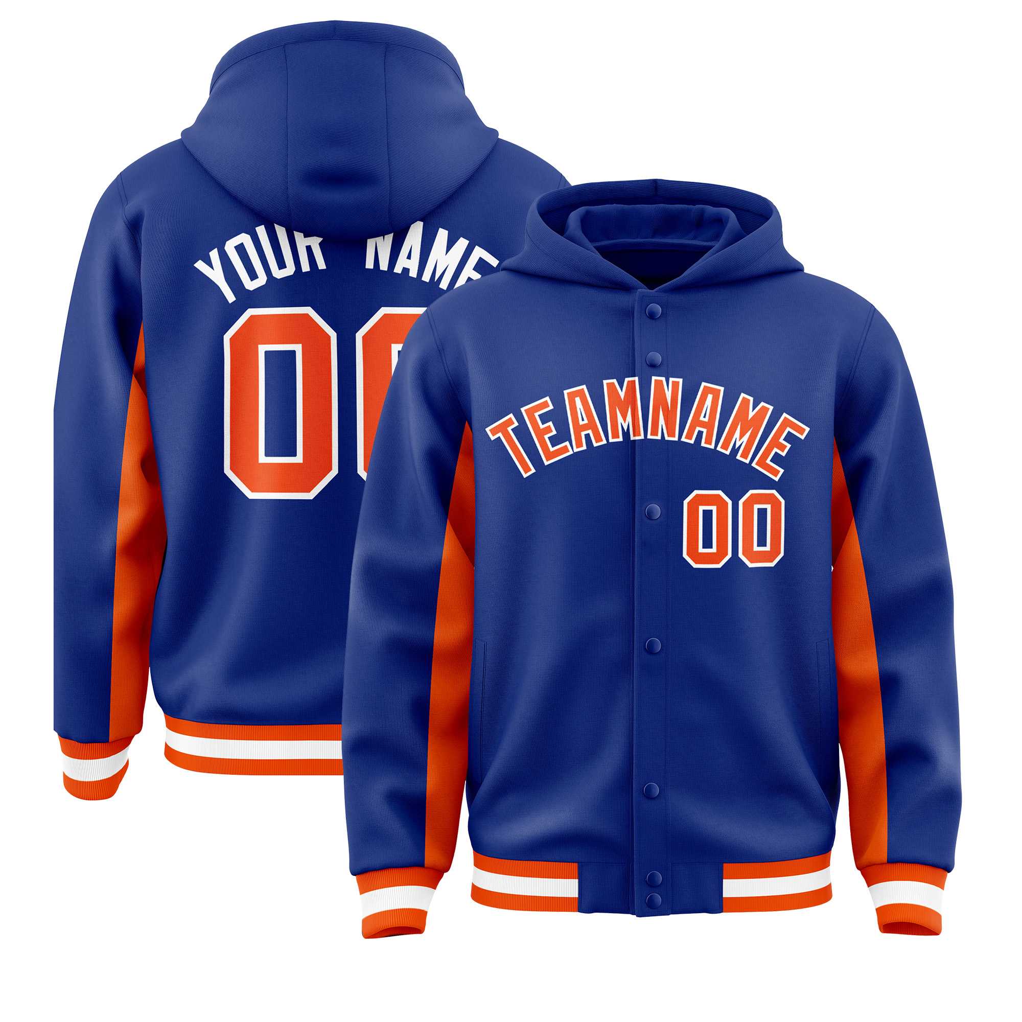 Custom Royal Orange Color Block Varsity Full-Snap Letterman Jacket Hoodie| KXKSHOP