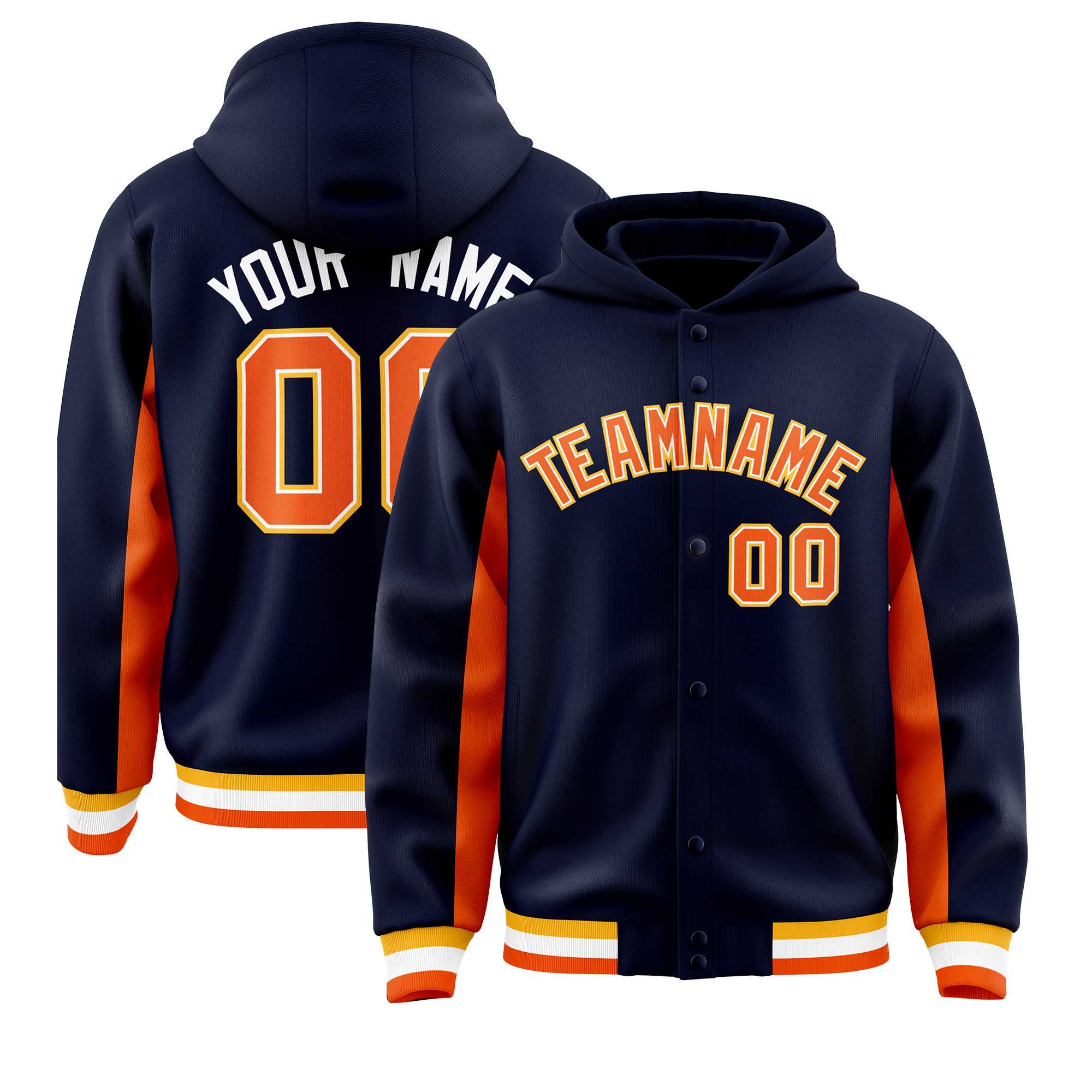 Custom Navy Orange Color Block Varsity Full-Snap Letterman Jacket Hoodie| KXKSHOP