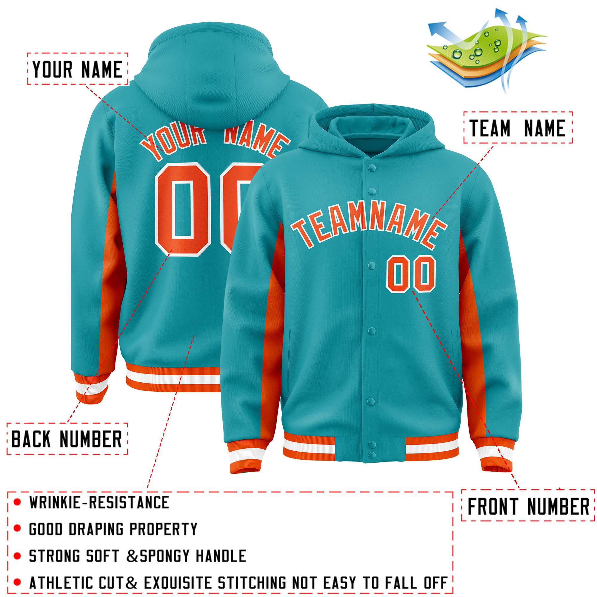 Custom Aqua Orange Color Block Varsity Full-Snap Letterman Jacket Hoodie| KXKSHOP