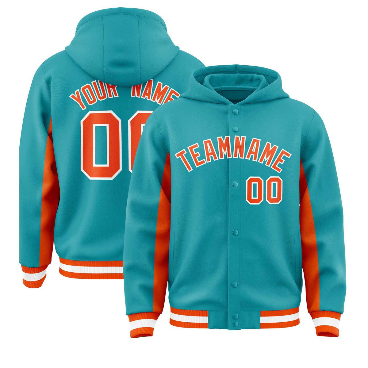 Custom Aqua Orange Color Block Varsity Full-Snap Letterman Jacket Hoodie| KXKSHOP