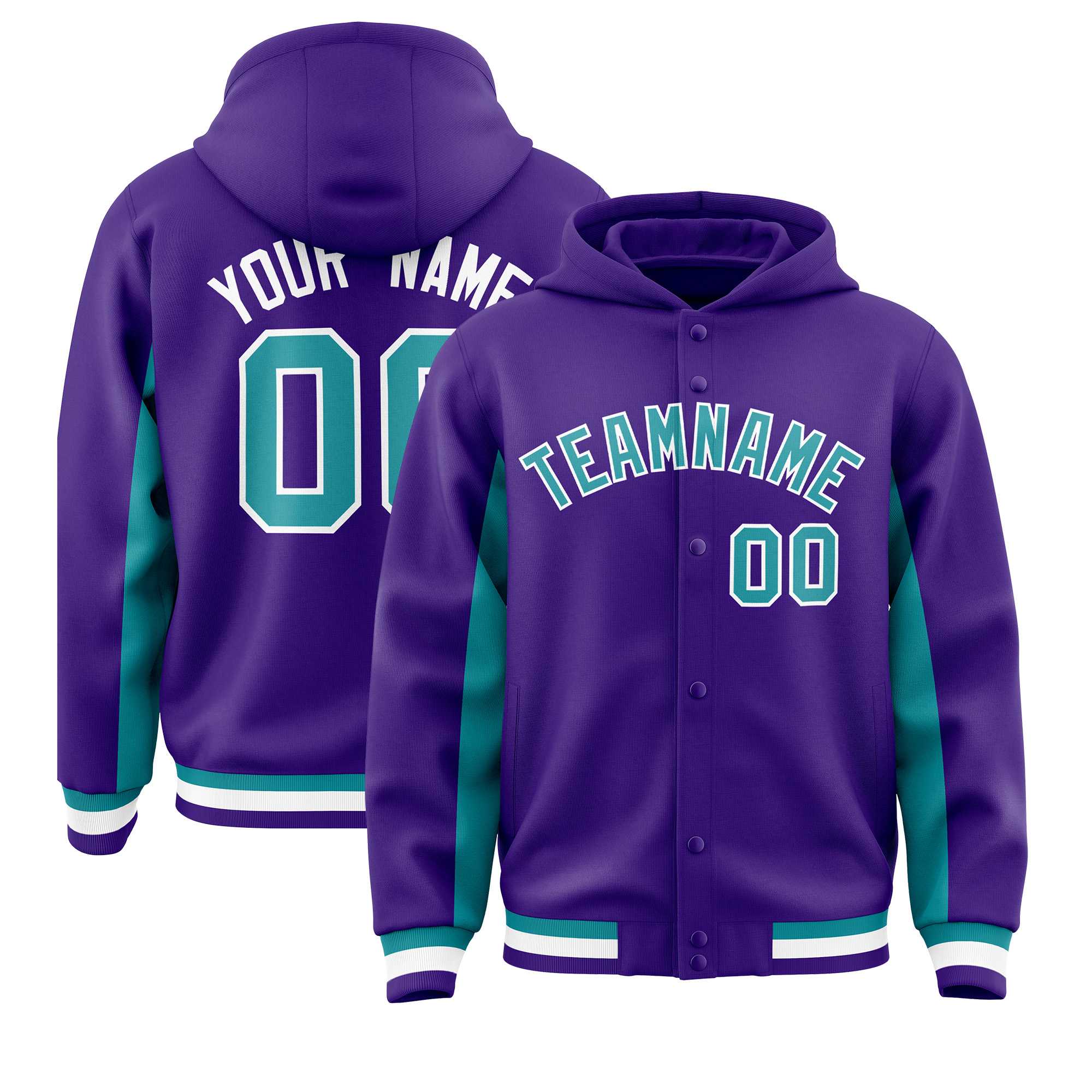 Custom Purple Aqua Color Block Varsity Full-Snap Letterman Jacket Hoodie| KXKSHOP