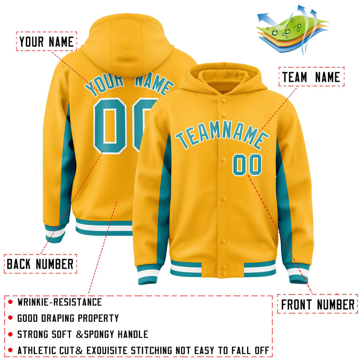 Custom Gold Aqua Color Block Varsity Full-Snap Letterman Jacket Hoodie| KXKSHOP