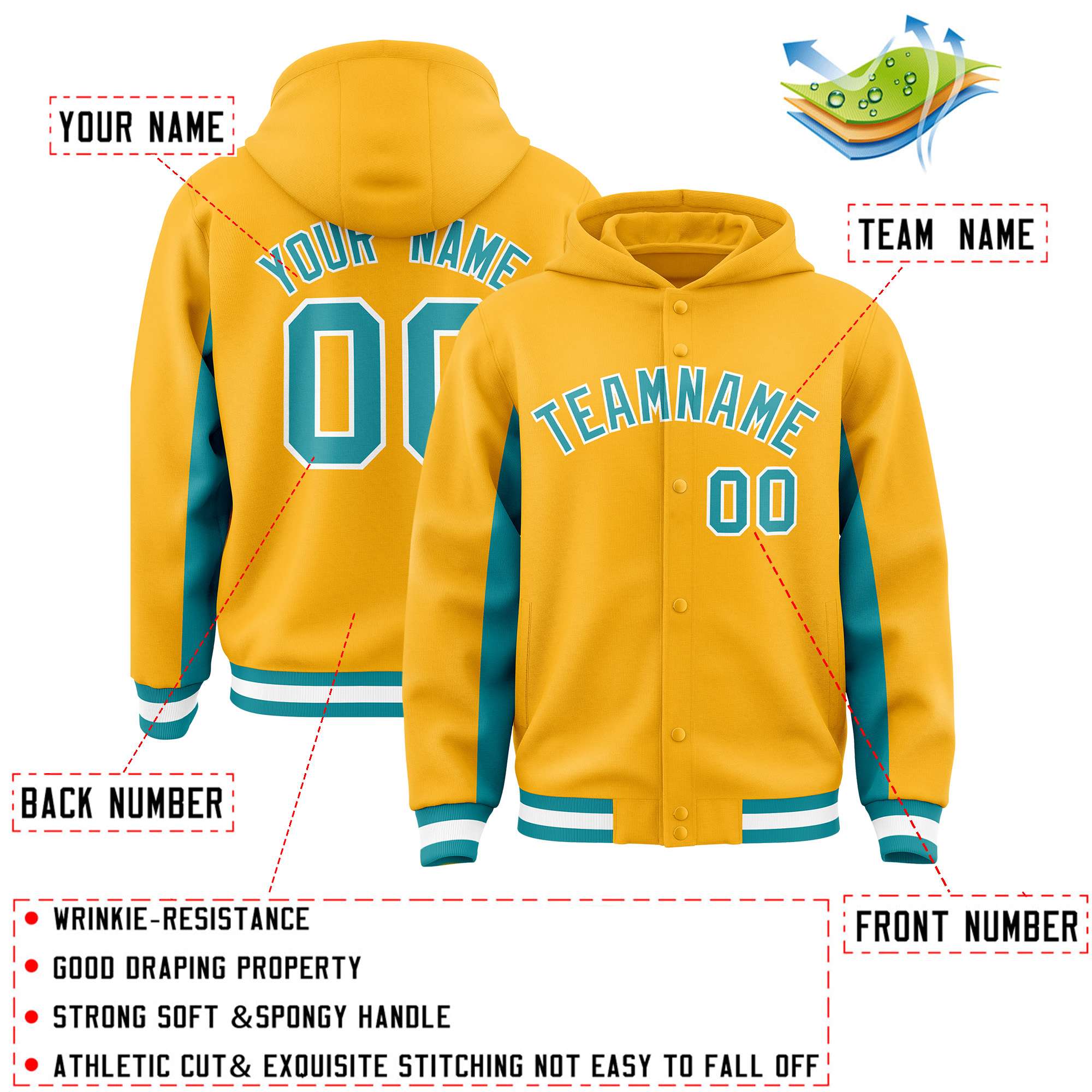 Custom Gold Aqua Color Block Varsity Full-Snap Letterman Jacket Hoodie| KXKSHOP