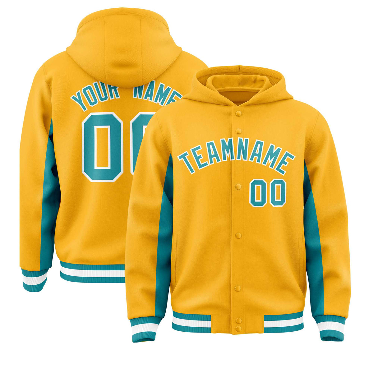 Custom Gold Aqua Color Block Varsity Full-Snap Letterman Jacket Hoodie| KXKSHOP