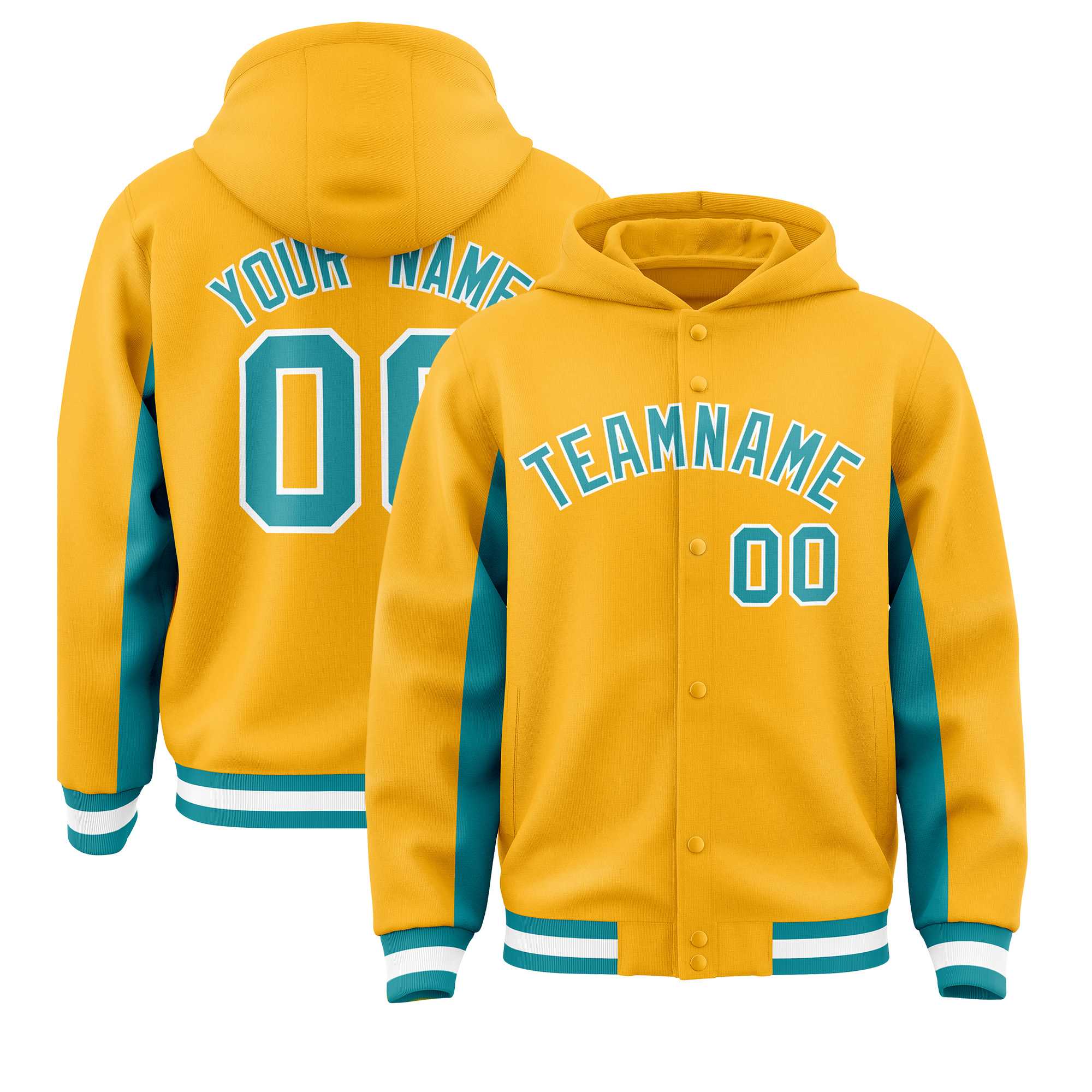 Custom Gold Aqua Color Block Varsity Full-Snap Letterman Jacket Hoodie| KXKSHOP