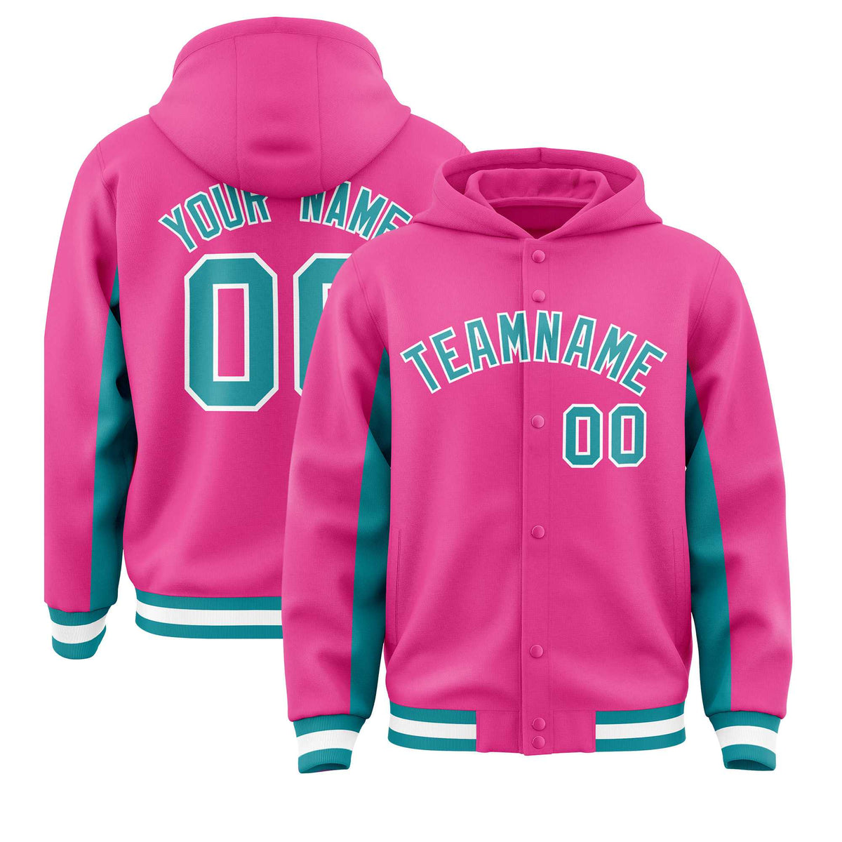 Custom Pink Aqua Color Block Varsity Full-Snap Letterman Jacket Hoodie| KXKSHOP