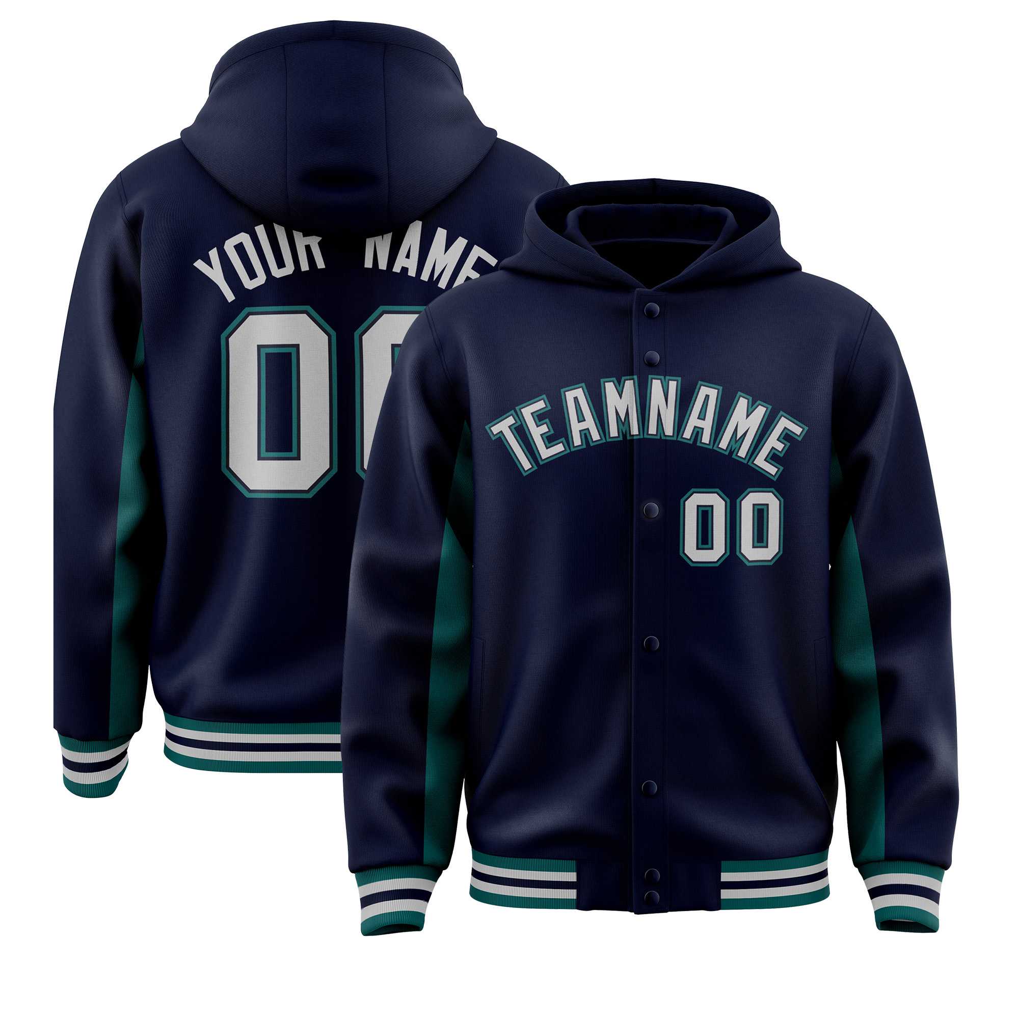 Custom Navy Aqua Color Block Varsity Full-Snap Letterman Jacket Hoodie| KXKSHOP