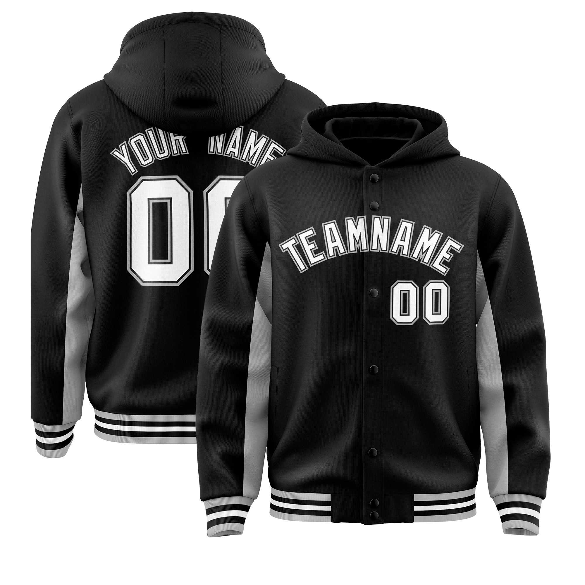 Custom Black Gray Color Block Varsity Full-Snap Letterman Jacket Hoodie| KXKSHOP