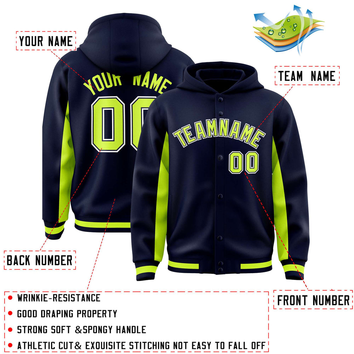 Custom Navy Neon Green Color Block Varsity Full-Snap Letterman Jacket Hoodie| KXKSHOP