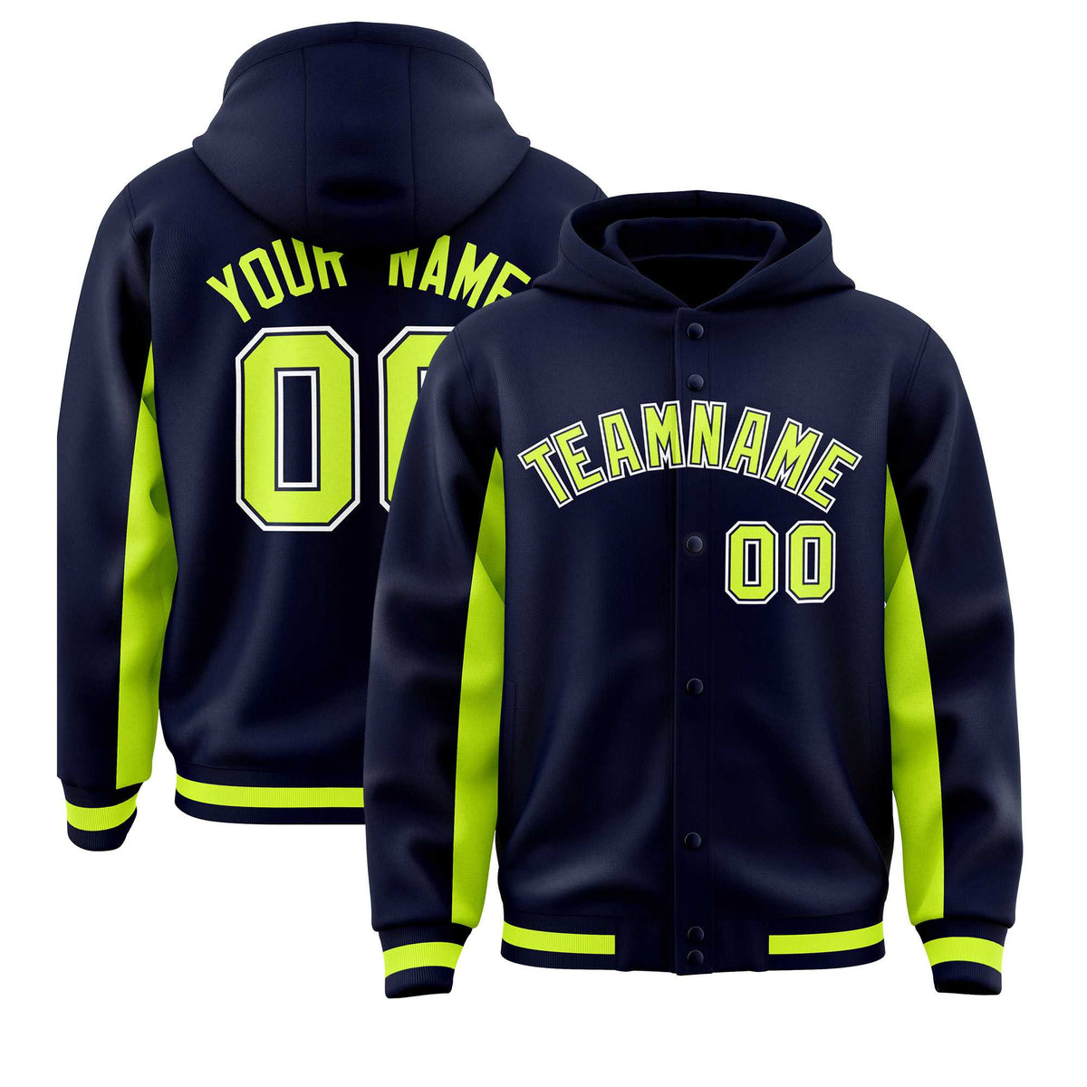 Custom Navy Neon Green Color Block Varsity Full-Snap Letterman Jacket Hoodie| KXKSHOP
