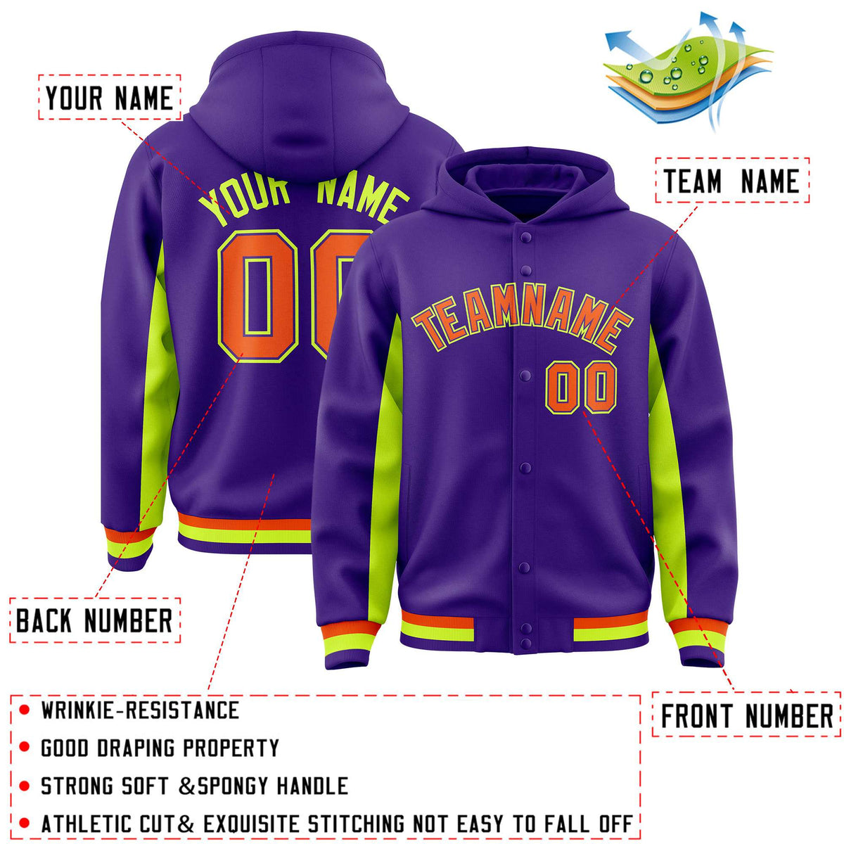 Custom Purple Neon Green Color Block Varsity Full-Snap Letterman Jacket Hoodie| KXKSHOP