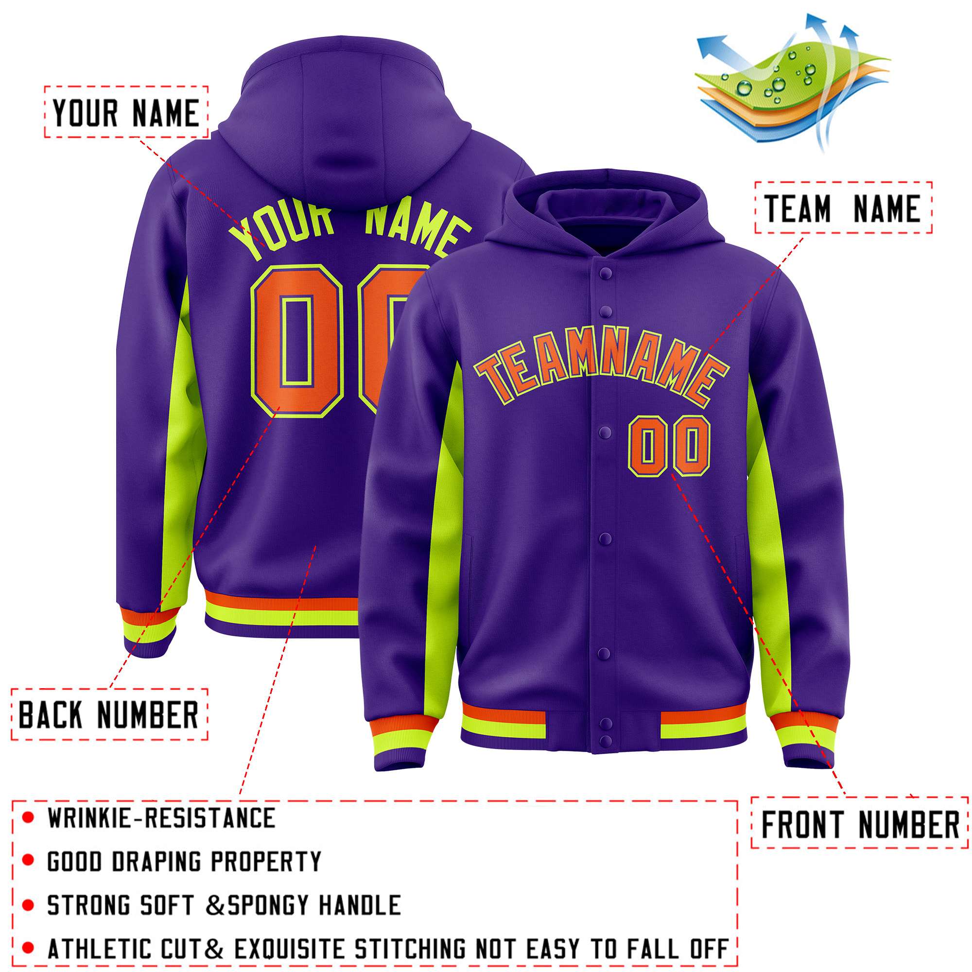 Custom Purple Neon Green Color Block Varsity Full-Snap Letterman Jacket Hoodie| KXKSHOP