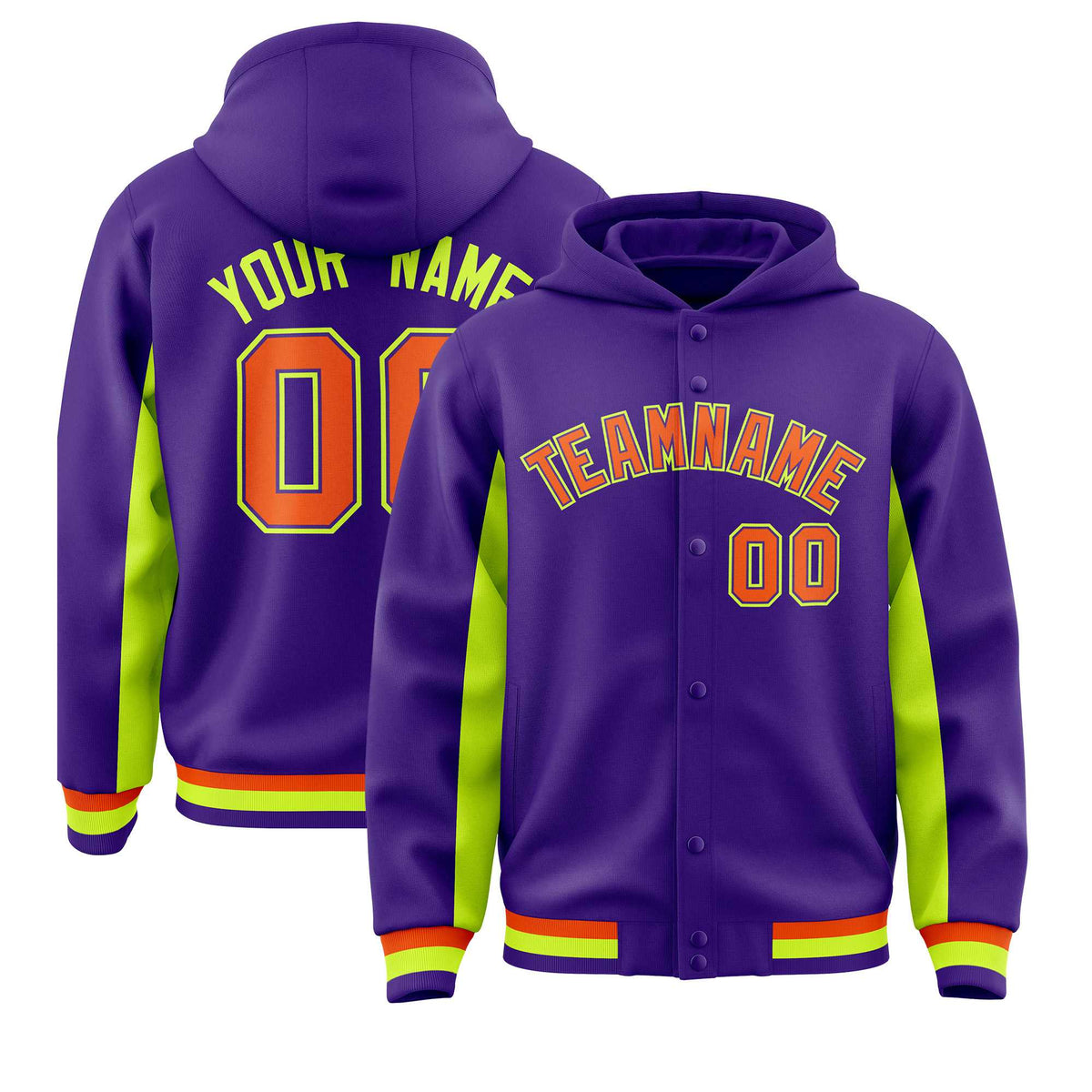 Custom Purple Neon Green Color Block Varsity Full-Snap Letterman Jacket Hoodie| KXKSHOP