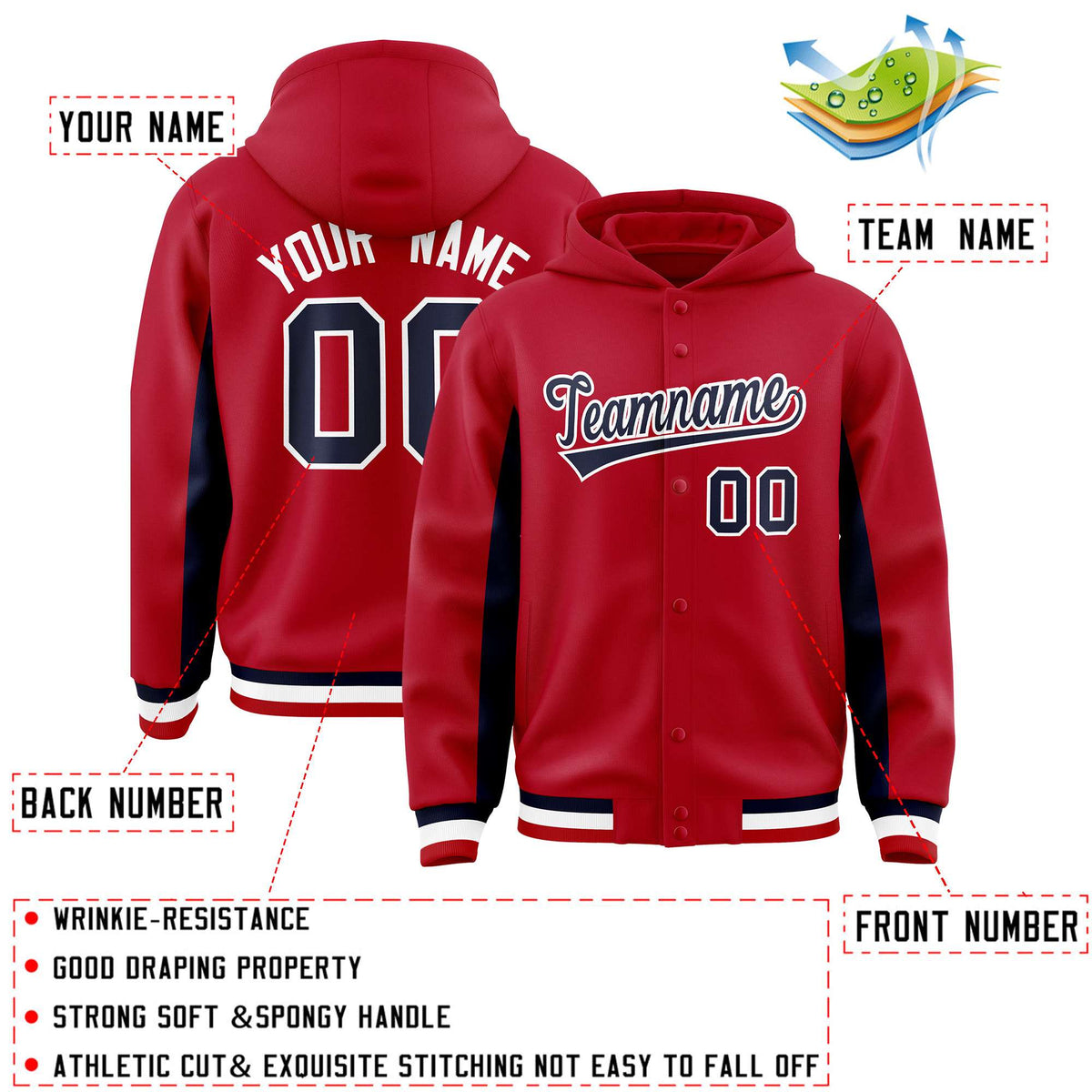 Custom Red Navy Color Block Varsity Full-Snap Letterman Jacket Hoodie| KXKSHOP