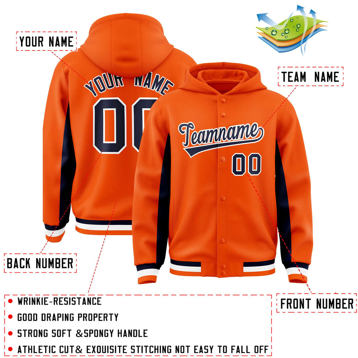 Custom Orange Navy Color Block Varsity Full-Snap Letterman Jacket Hoodie| KXKSHOP